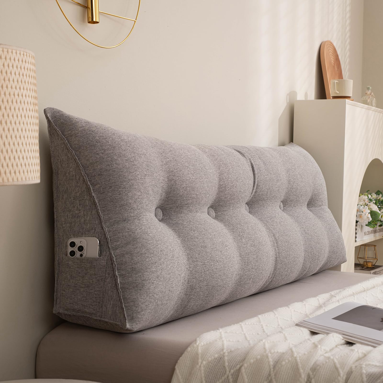 Cuscino ergonomico in lino, cuscino a cuneo da 180 cm, per collo, spalle, supporto lombare, sfoderabile, lavabile, ideale per la lettura e lo schienale della TV, comodo design grigio