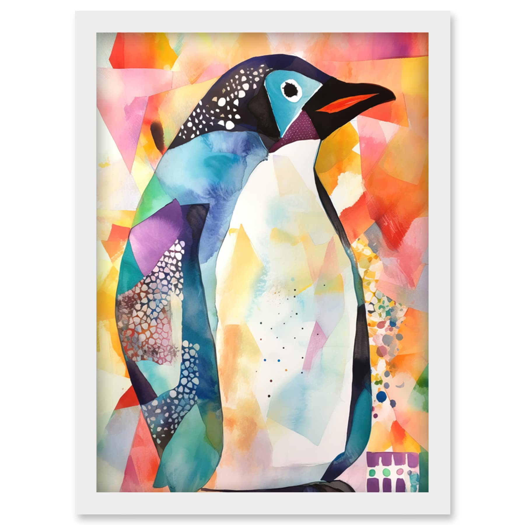 Artery8 Polygon Colour Penguin Folk Art Artwork Framed Wall Art Print A4