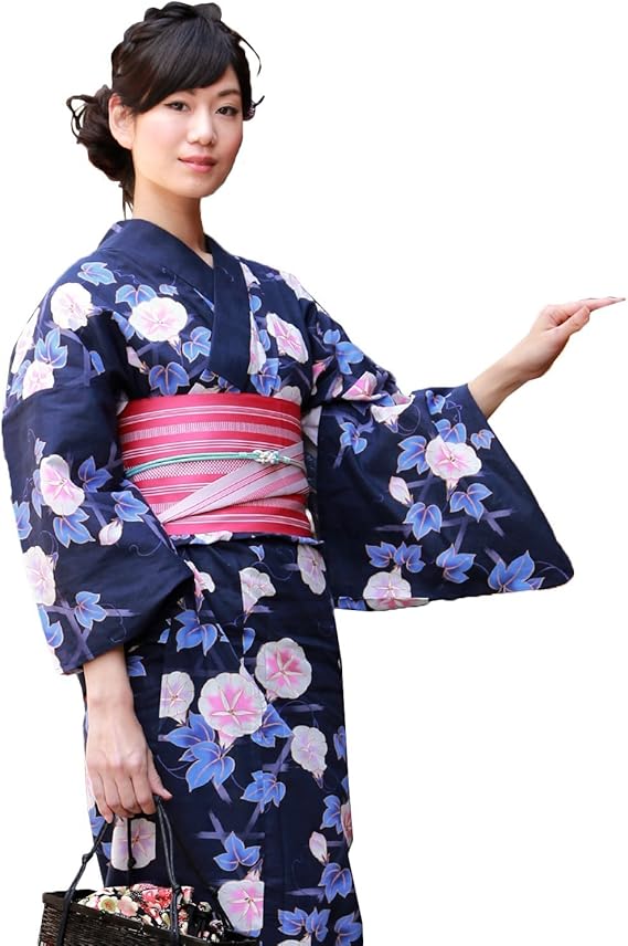 Amazon 浴衣 レディース セット レトロ 紺地に朝顔に籠目模様 高級変わり織り綿麻浴衣3点セット 浴衣 通販
