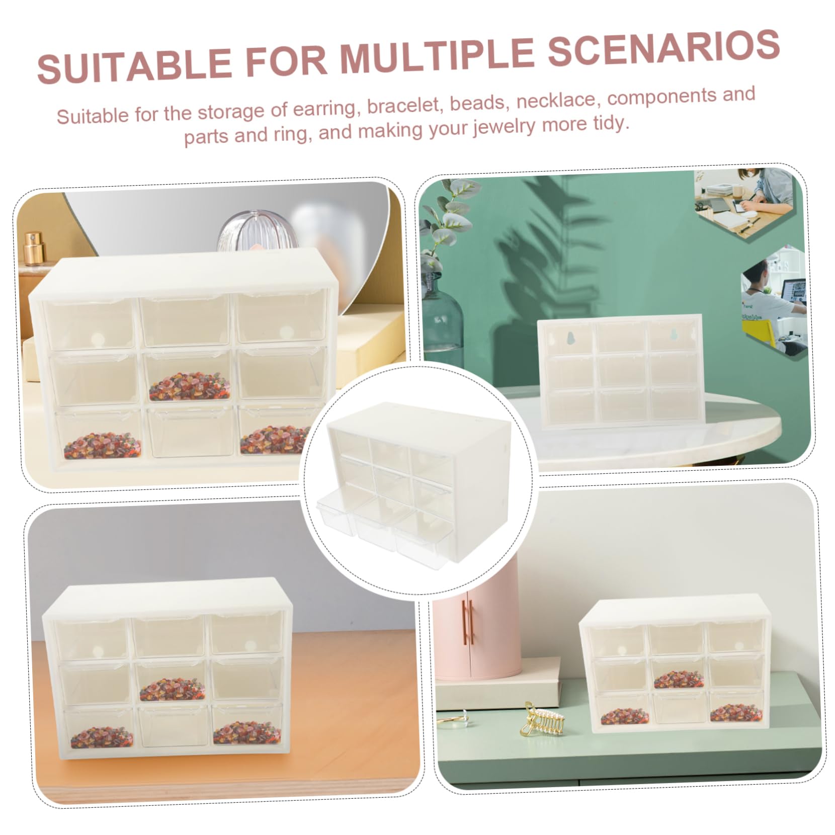 Alipis Caja Organizadora de Cajones 9 Compartimentos, 4 Piezas | Plástico Beige, para Cuentas y Pendientes, Práctica para Cosméticos y Manualidades
