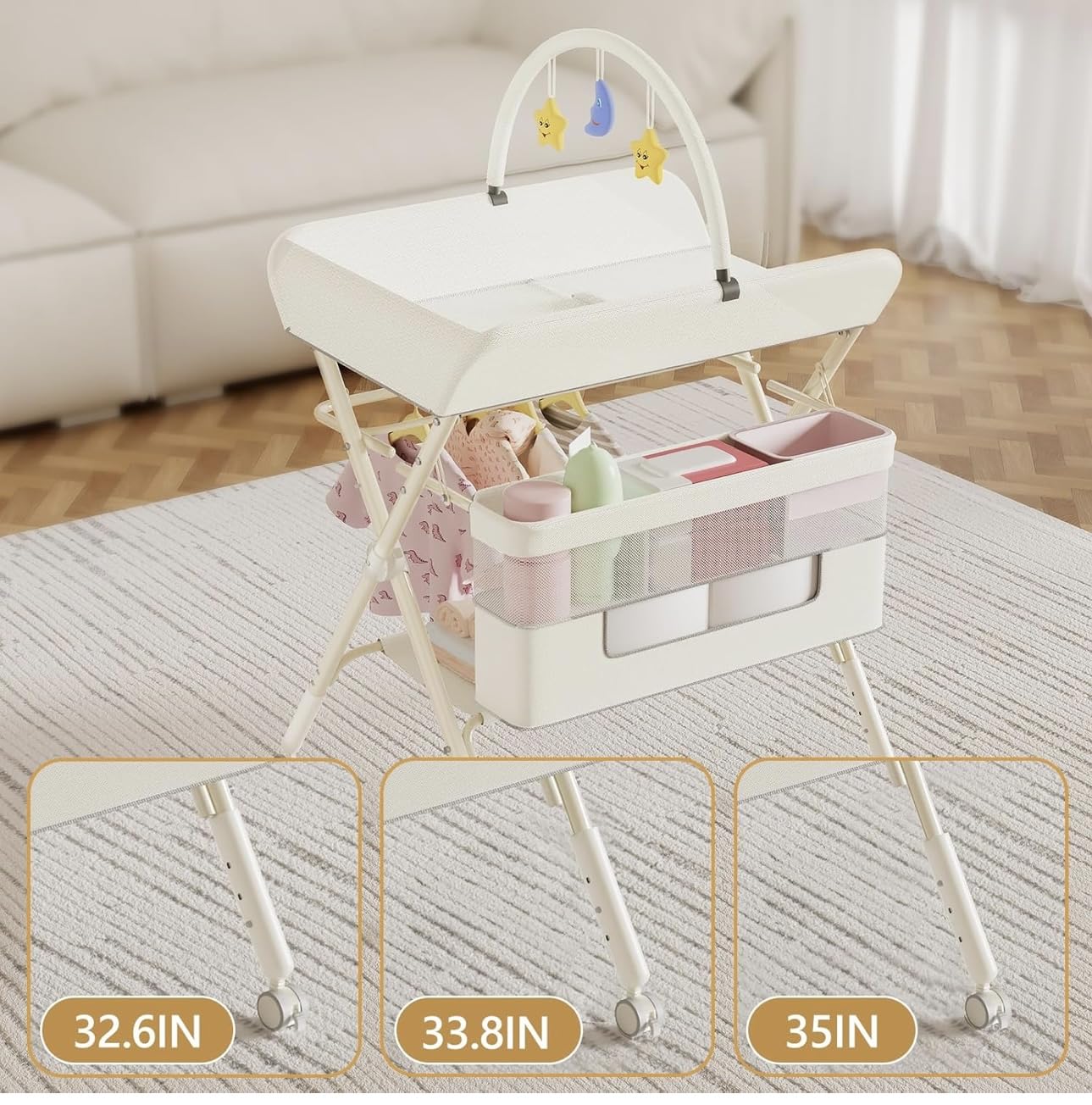 richtots Premium Diaper Changing Table with Scale Pattern, Baby Care, Baby Diaper Changing Table, Rolling Crib, Diaper Changing Table, Baby Rack, 3 Adjustable Levels, Foldable(Color-Grey) - Image 5 thumbnail