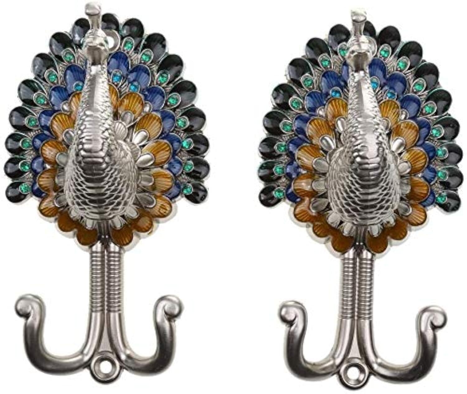 Peacock Metal Double Hook Wall-Mounted Coat, Hat, and Towel Hooks