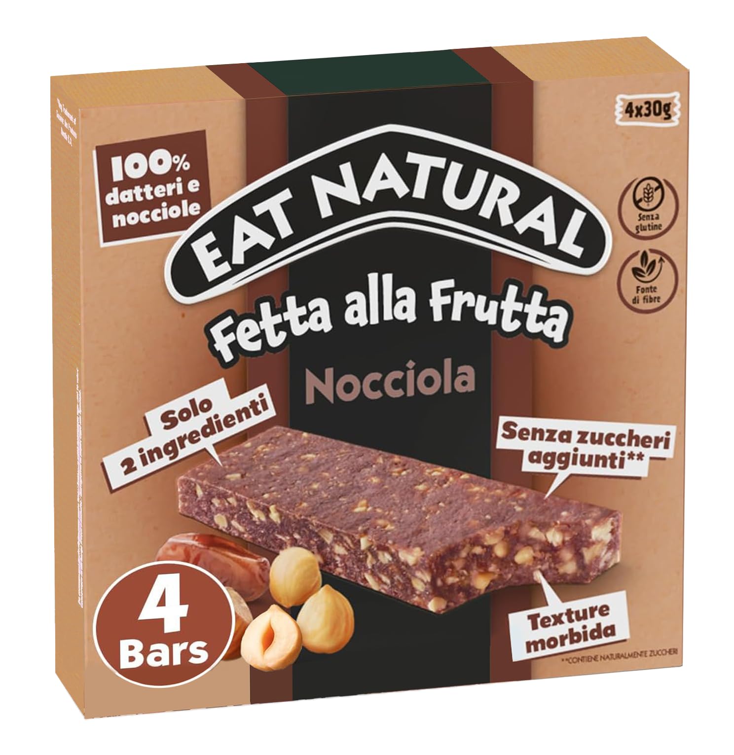 4X Eat Natural Fetta alla Frutta Nocciola Barretta con Datteri e Nocciole Senza Glutine (Gluten Free) 120g