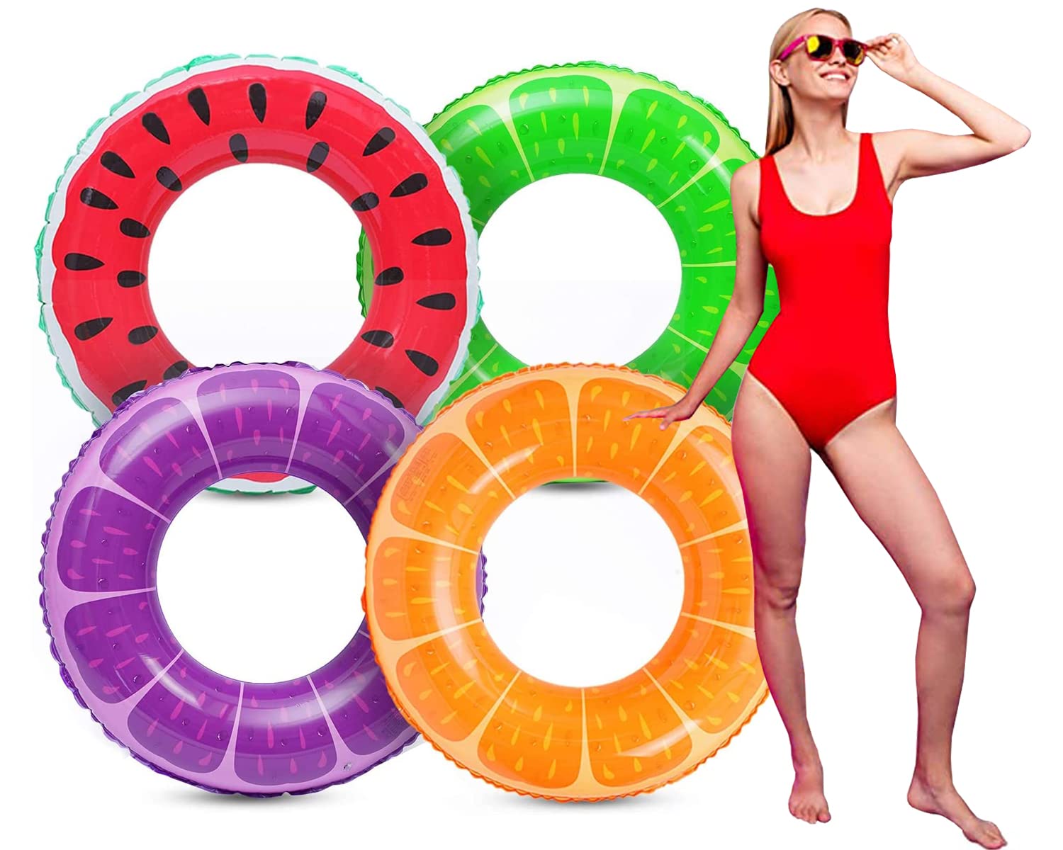 KASTWAVE Inflatable Pool Floats Fruit Swim Tubes Rings, 32.5” Swim Rings Pool Floats Toys for Adults and Kids Beach Swimming Pool Toys - 4 Pack