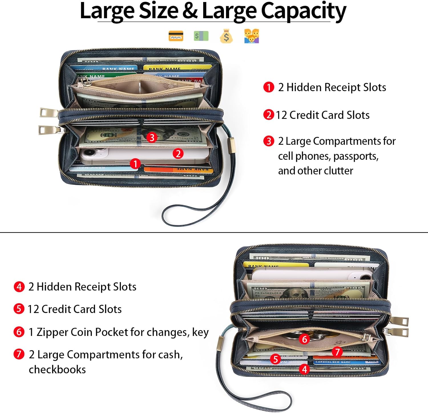 GAEKEAO Wallet for Women Clutch RFID Blocking Wristlet Leather Purse Large Capacity Credit Card Holder with Grip Hand Strap