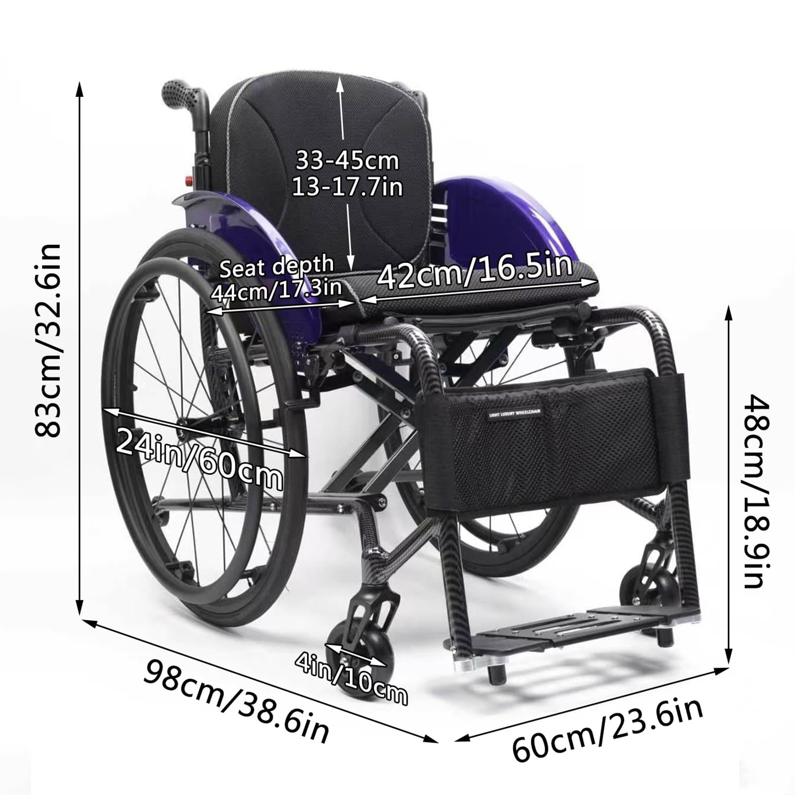 Sportowe wózki inwalidzkie dla dorosłych Wózek inwalidzki do transportu terenowego, lekki, składany, przenośny, stop aluminium, łatwy transport i przechowywanie (42 cm/16,5 cala)