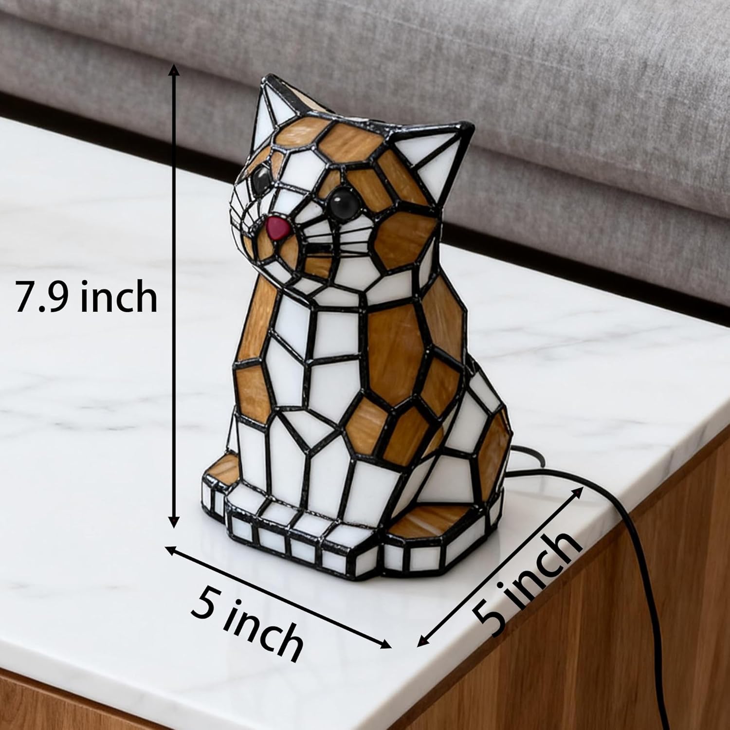 Cat Table Lamp, Yellow and White Stained Glass Animal Table Lamp, Cute Cat Waits for Someone to Play with Stained Glass Accent Table Lamp Night Light for Home Decoration