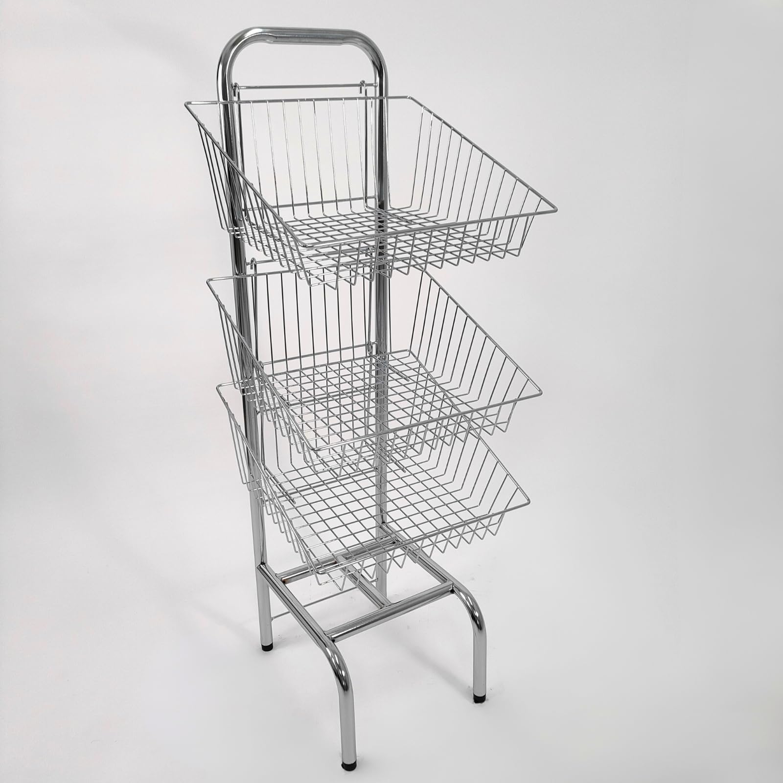 3 Tier Basket Stand – Freestanding Wire Display Rack for Bread, Snacks, Clothes & Toys – Durable Nylon-Coated Merchandising Unit – 1170mm Tall