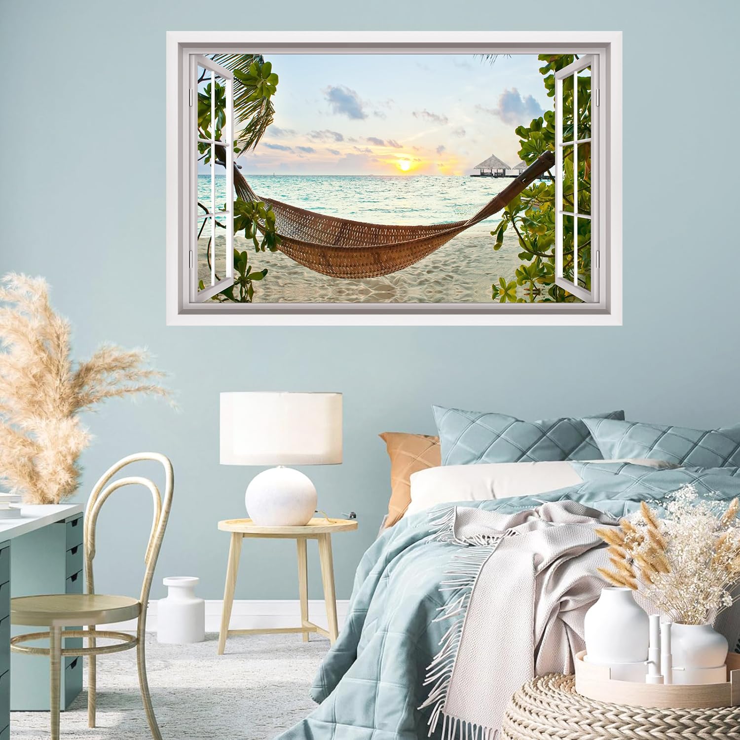 HPNIUB 3D Beach Wall Stickers,3D Sea View Wall Art for Living Room,Landscape Broken Wall Sticker,Beach Coconut Tree Wall Decal,Sea Scenery Wall Mural Sticker for Bedroom Bathroom Decor (Window2) - Image 3