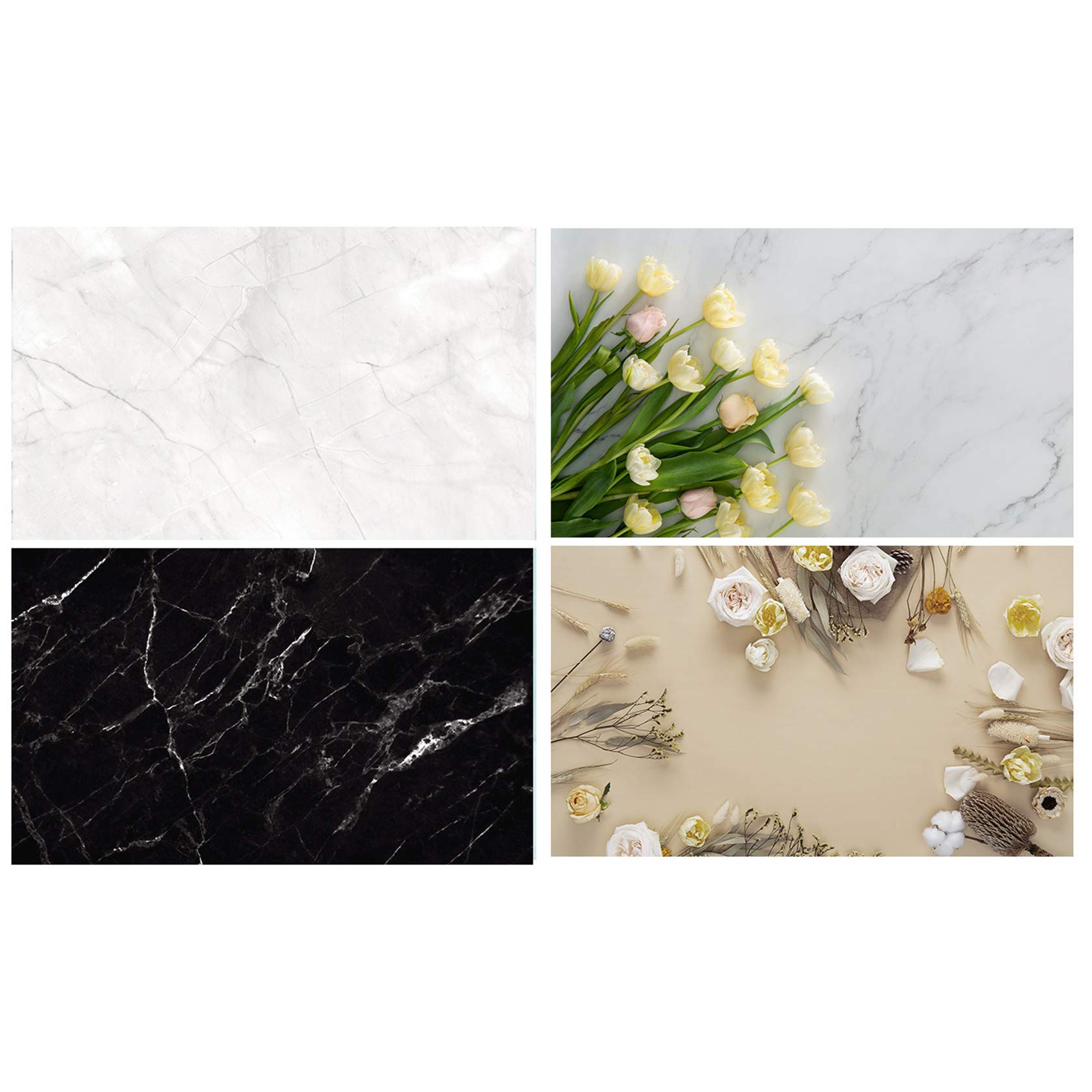 SAVIAURA 2 PCS. - 2 in 1 3D Flat Lay Tabletop Double-Sided Photography Backdrop Photo Studio Flatlay Background PVC Wrinkle-Free for Small Products Shoot (10-B&W Marble Stone & Flowers)