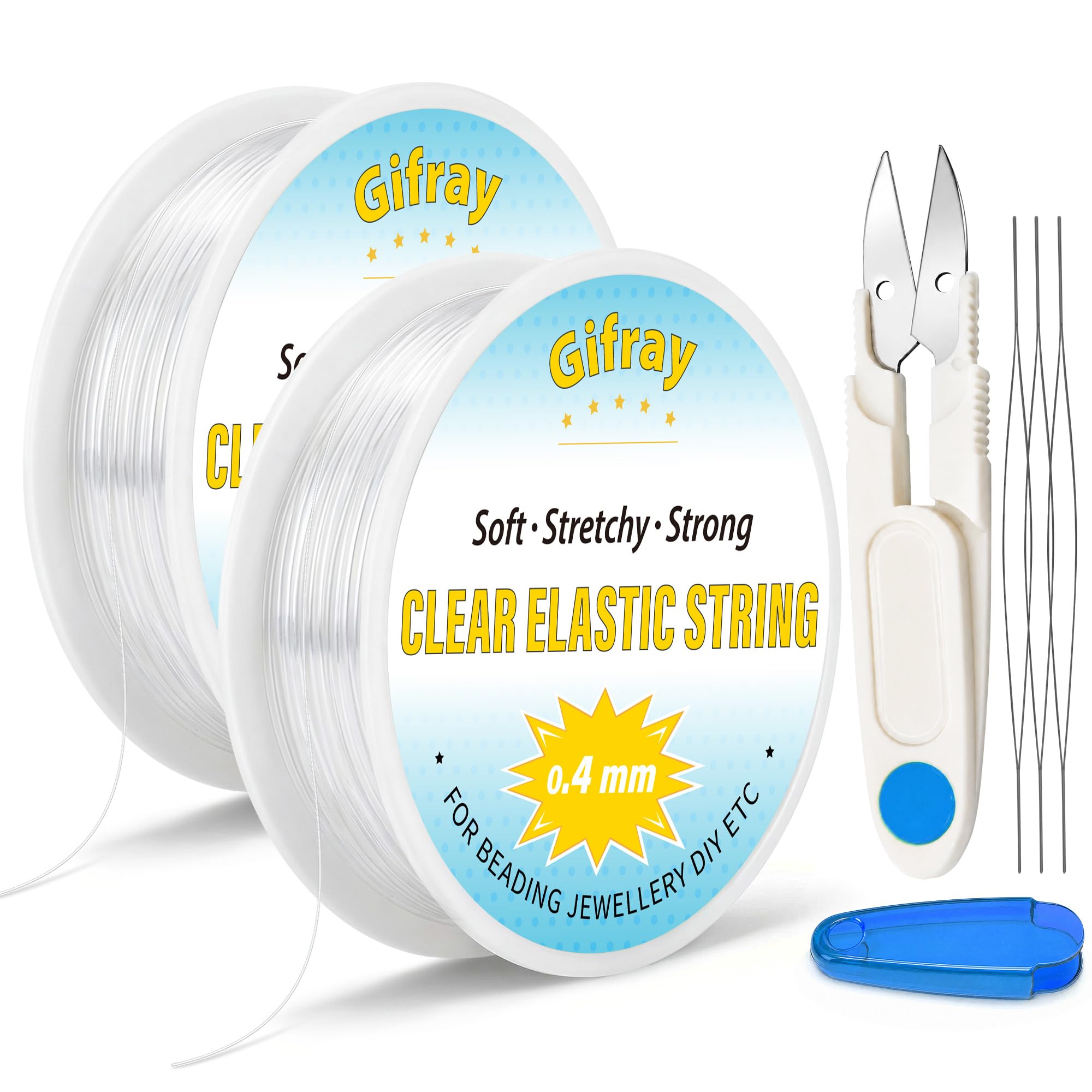 Gifray 2-Spools Clear Elastic String for Bracelet Making, 0.4mm Strong & Stretchy TPU Beading Cord, Easy to Knot, Invisible Thread for Jewellery, Necklaces, DIY Crafts, with Beading Needles & Scissors