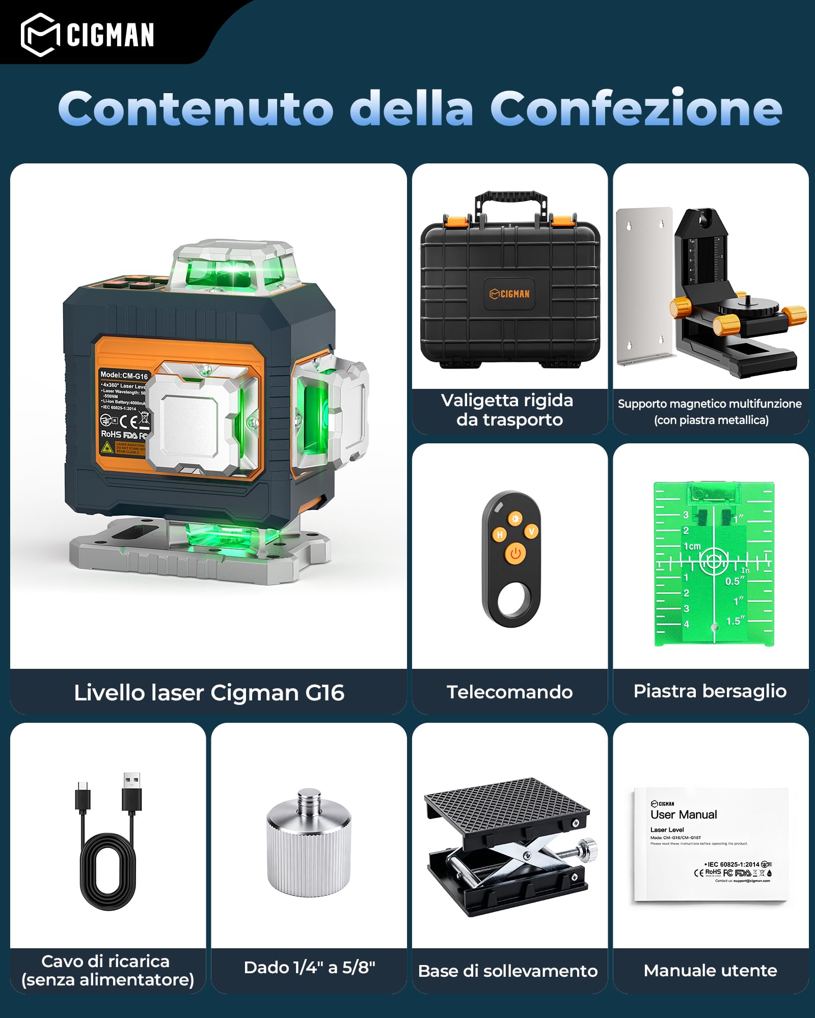 Livella Laser 4x360°Autolivellante,CIGMAN Laser Verde Intelligente con App | Telecomando, Livello Laser Professionale per Edilizia, Piastrelle, Intelaiatura, Controsoffitti – CMG16