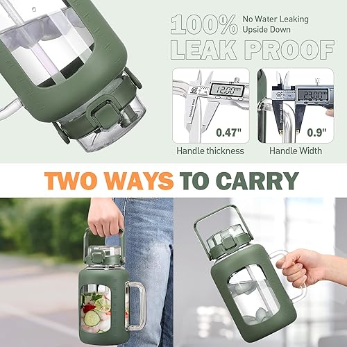 Miniatura 3 de Botella de agua de vidrio de 64 onzas, vasos de vidrio con popote y asa, taza con funda de silicona, botella de agua de medio galón de boca ancha