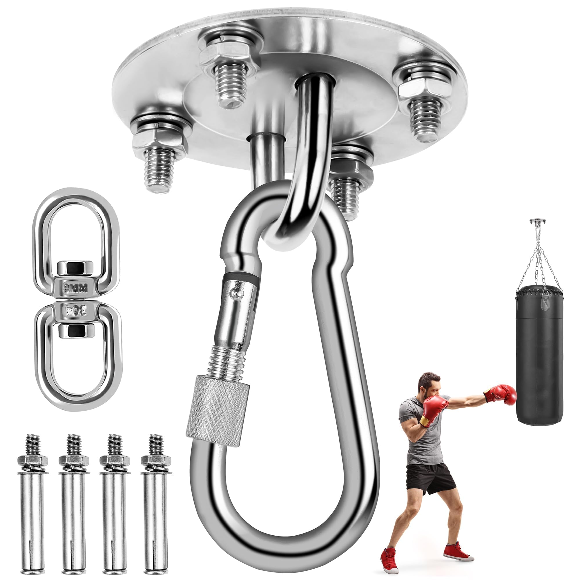 Gancho de Techo, Soporte de Techo para Saco de Boxeo de Acero Inoxidable de hasta 400 kg, Colgante Soporte 360° Rotación con Anillo M8, para Saco de Boxeo, Hamacas, Yoga, Silla Colgante