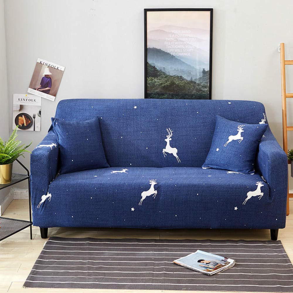ZJXSNEH Printed Stretch Sofa Cover Full Leather Sofa Cover Non-Slip Stretch Fabric Dark blue fawn and stars L(3seats 190-230CM)