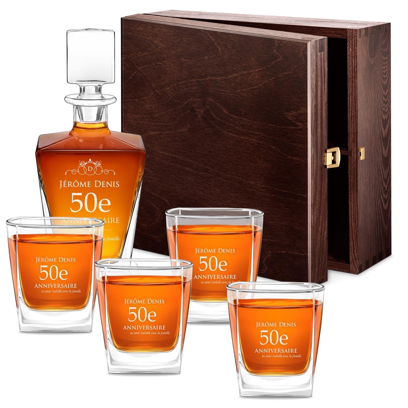 Maverton Ensemble de Carafe et 4/6 Verres à personnaliser - 0,8l Décanteur Whiskey + 2/4/6 Verres de 250ml - Souvenir pour homme - Service à Whisky pour lui - pour anniversaire - 50 ans