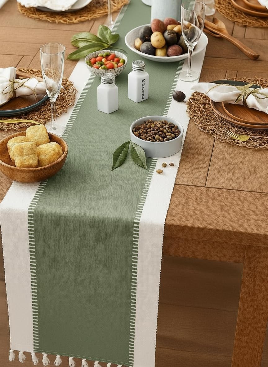 North Field Handwoven Soft Cotton Table Runner for 4-6 Seater - Handloom Traditional Indian Design - Eco-Friendly Dining Décor - 100% Cotton| 14X54 Inch | 0.5 Kg (Light Green, 14 x 54 Inch)-image-1