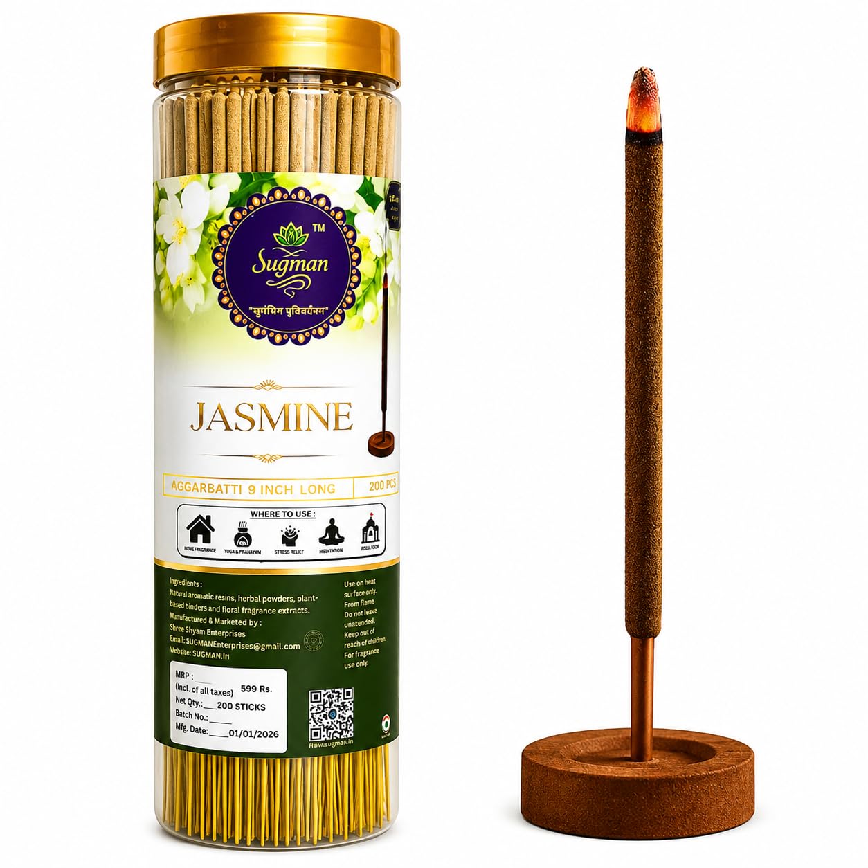 Jasmine (Mogra) Incense Sticks | 9 Inch Long Agarbatti | 200 Pieces | Charcoal Free | Low Smoke & Floral Fragrance | Natural Herbal Incense with Ceramic Stand for Pooja, Meditation & Home-picture-24