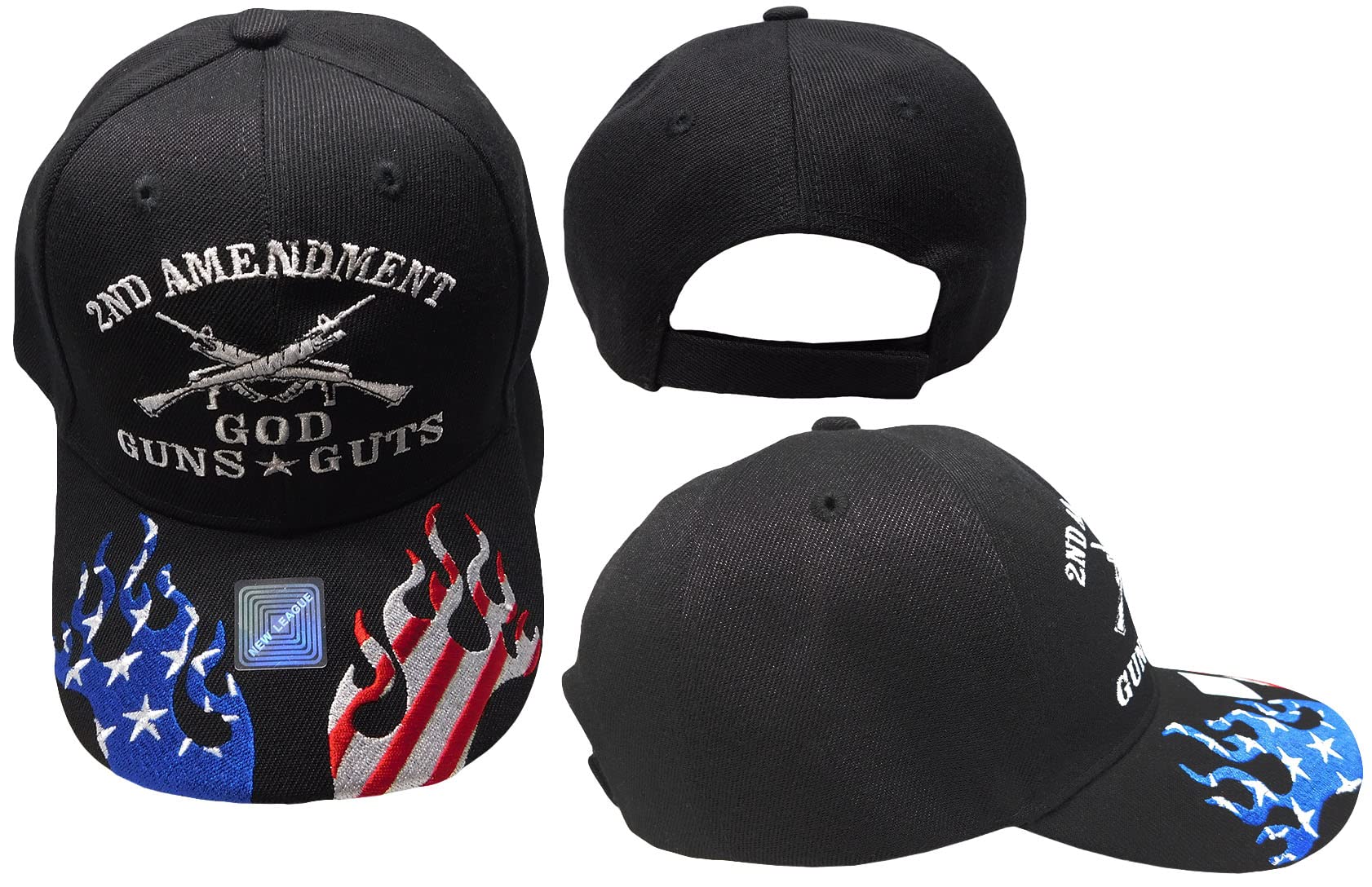 2nd Amendment God Guns Guts USA Flames On Bill Black Polyester Cotton Blend Adjustable Baseball Ball Cap Hat, Multi, 7 3/4