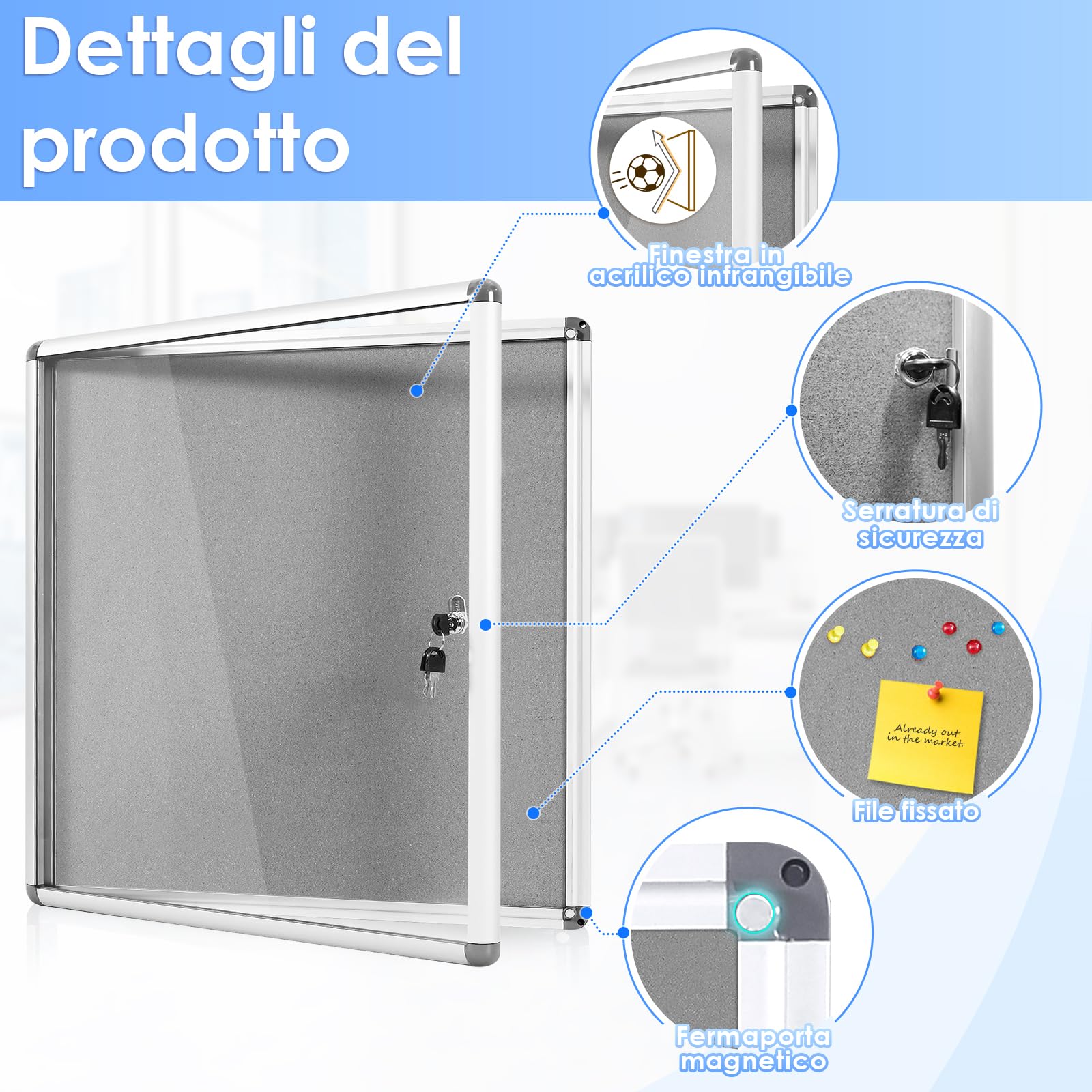 MAKELLO Bacheca Chiusa In Feltro Grigio Pannello Con Anta Battente, Bacheca Per Interni in Alluminio per Condominiale Ufficio Scuola, 67x72cm-6xA4