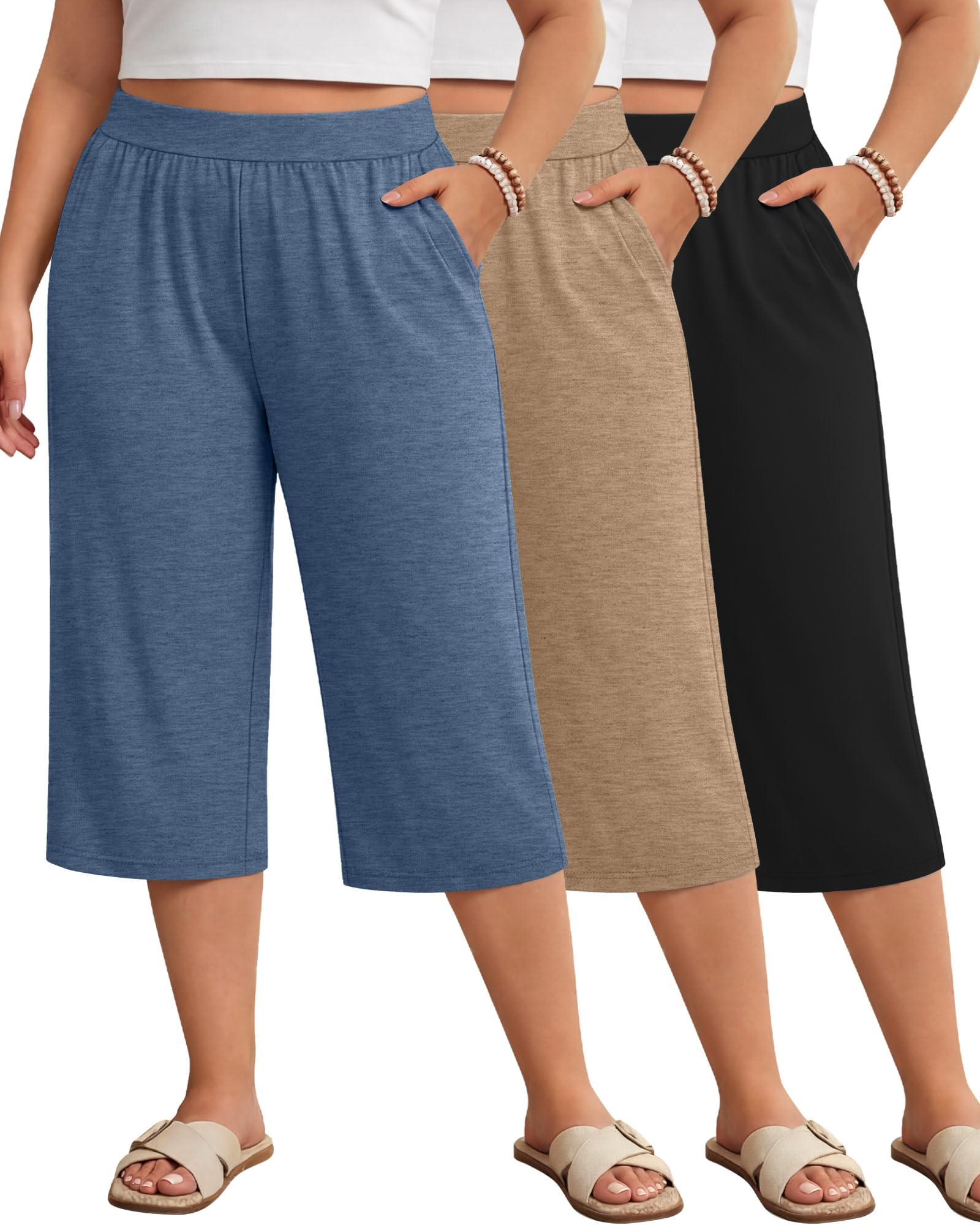 Huukeay 3 Pack Women's Plus Size Capri Pants Loose Fit Wide Leg Capris Sweatpants Summer High Waisted Yoga Pants with Pockets