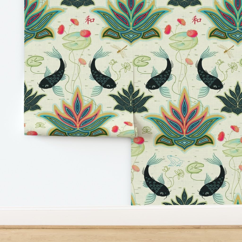 Removable Wallpaper 3ft x 2ft - Black Koi Damask Green Teal Red Turquoise Japanese Custom Pre-Pasted Wallpaper by Spoonflower