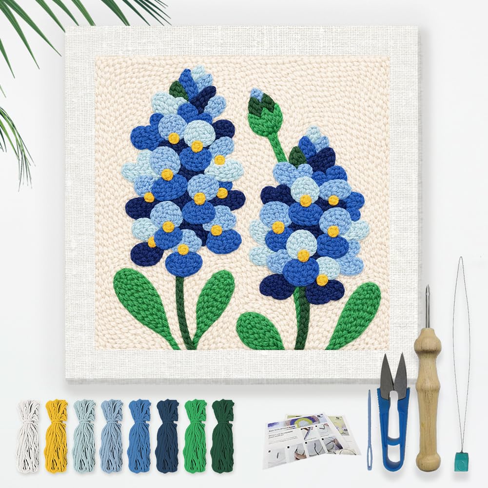 DOODLREAM Bluebonnet Flower Punch Needle Kit for Beginner, 24x24cm Blue Flower Punch Stitching Craft Set, DIY Embroidery Starter with Printed Frame, Instruction, Threader, Yarn, Pinch Needle