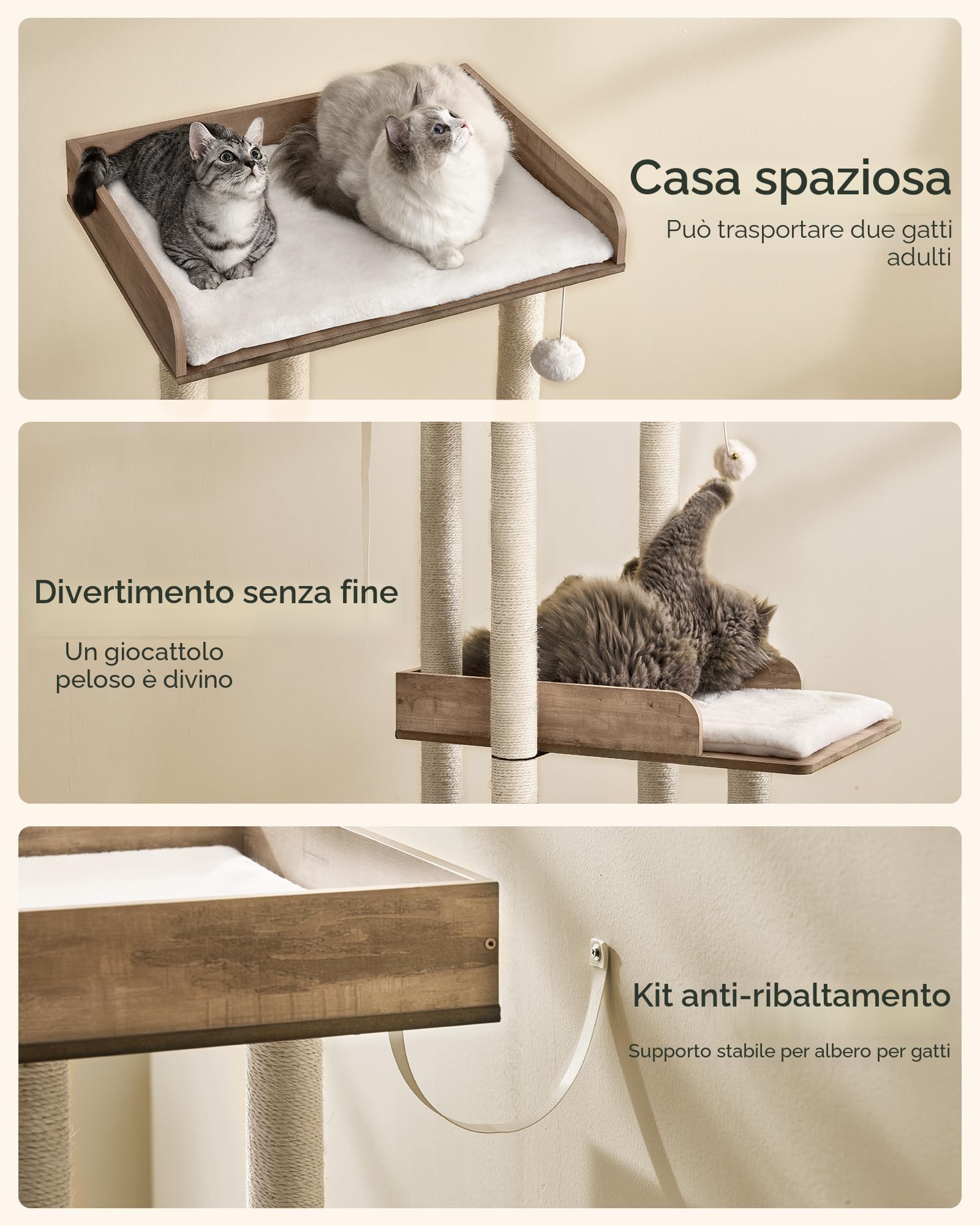FourFurPets Albero per Gatti Alto 111 cm, Tiragraffi per Gatti,con 3 Pali Graffiatoi,2 Posatoi,Pompon,Greige