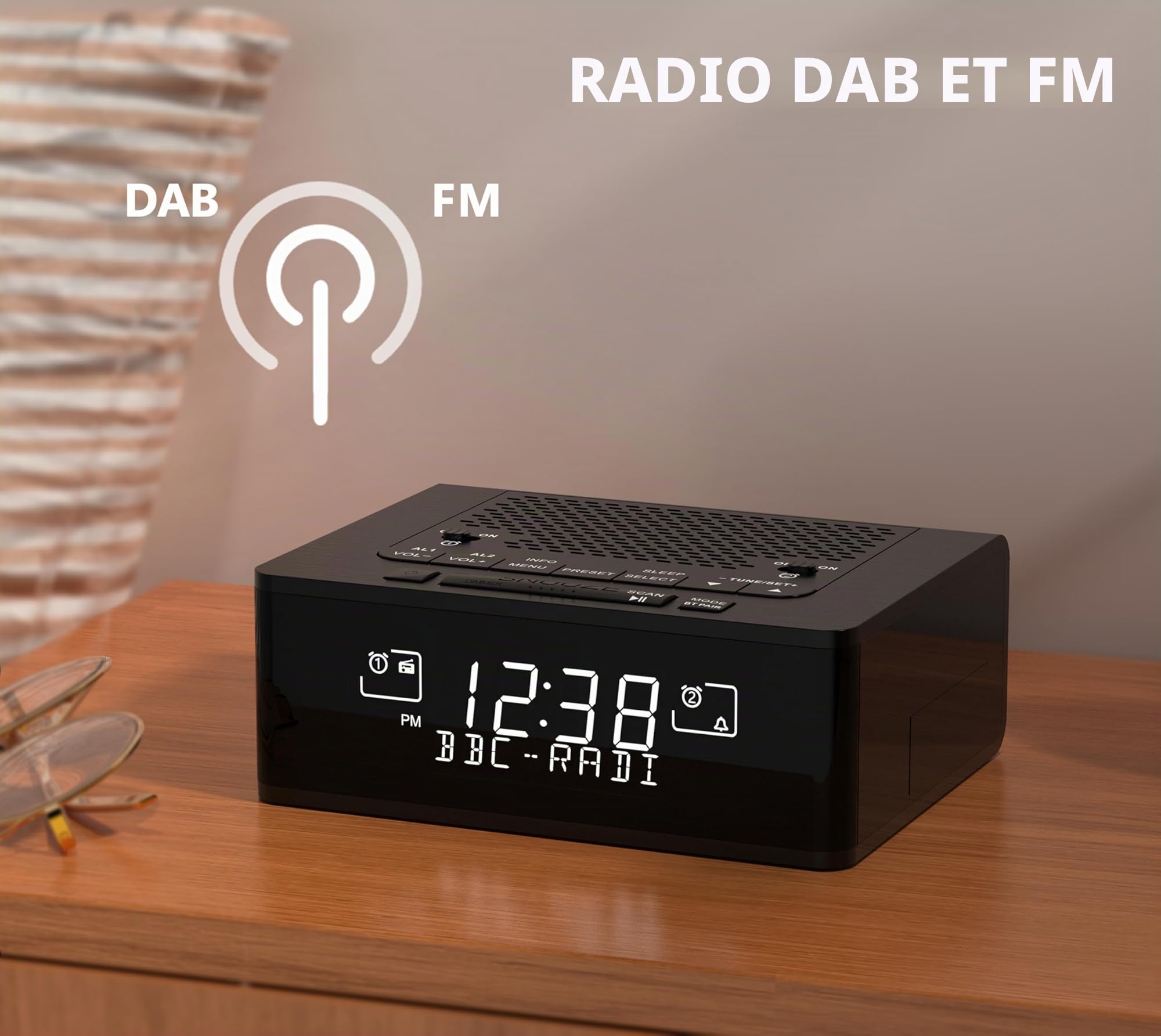 iTOMA Réveil Radio Dab et FM avec 40 Stations préréglées, écran LCD dimmable, Double réveil avec Bouton on/Off, Snooze, Bluetooth 525