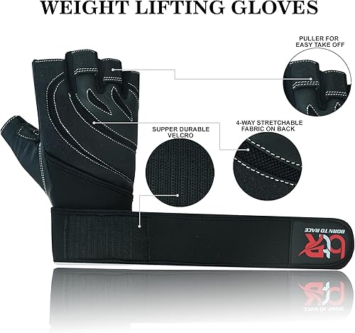 Miniatura 10 de BTR BORN TO RACE Guantes acolchados de cuero para levantamiento de pesas para hombres y mujeres, para culturismo sin dedos, soporte de muñeca larga,