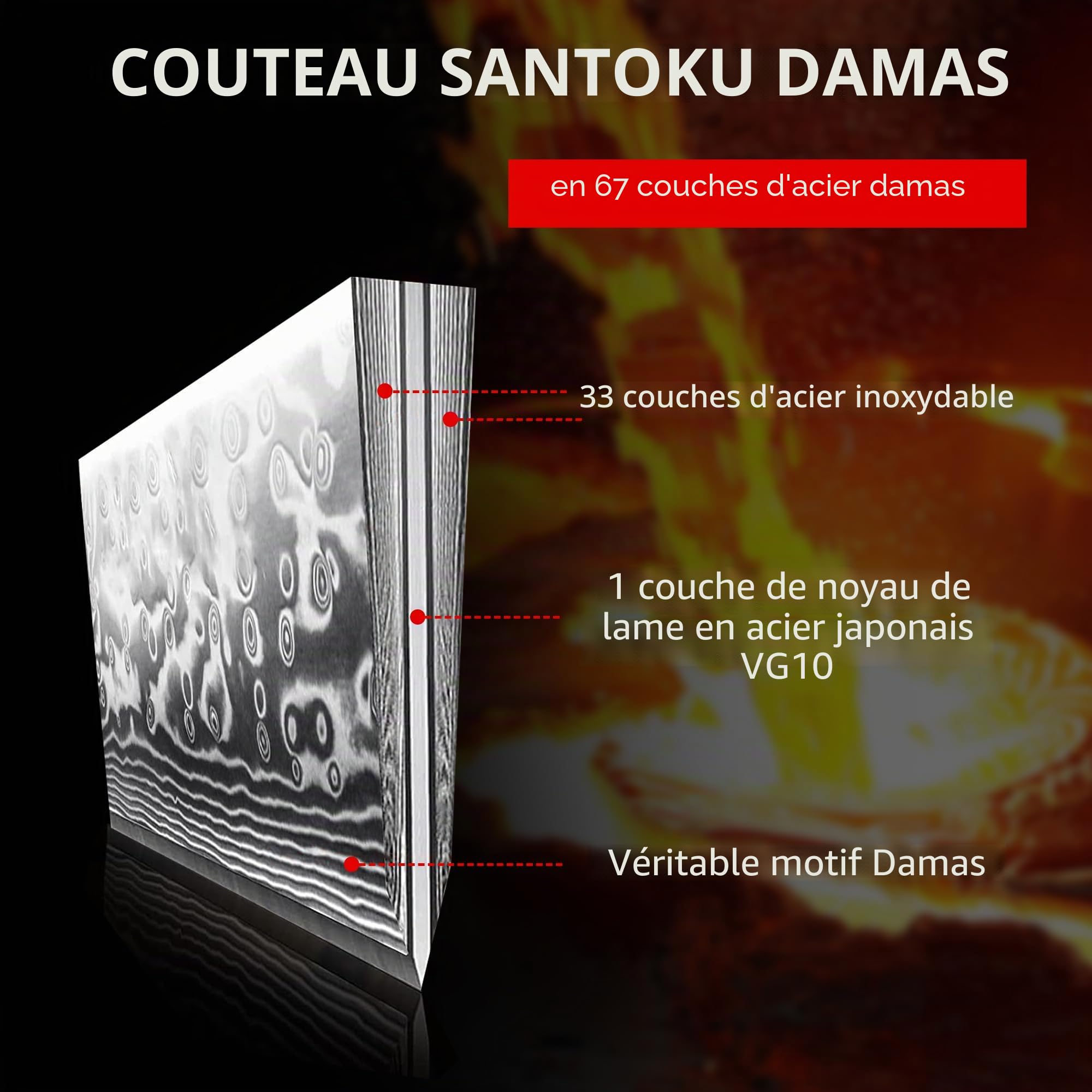 PAUDIN Couteau Santoku Damas 17 cm, ultra tranchant 67 couches en acier Damas VG10, couteau de cuisine professionnel avec manche ergonomique G10
