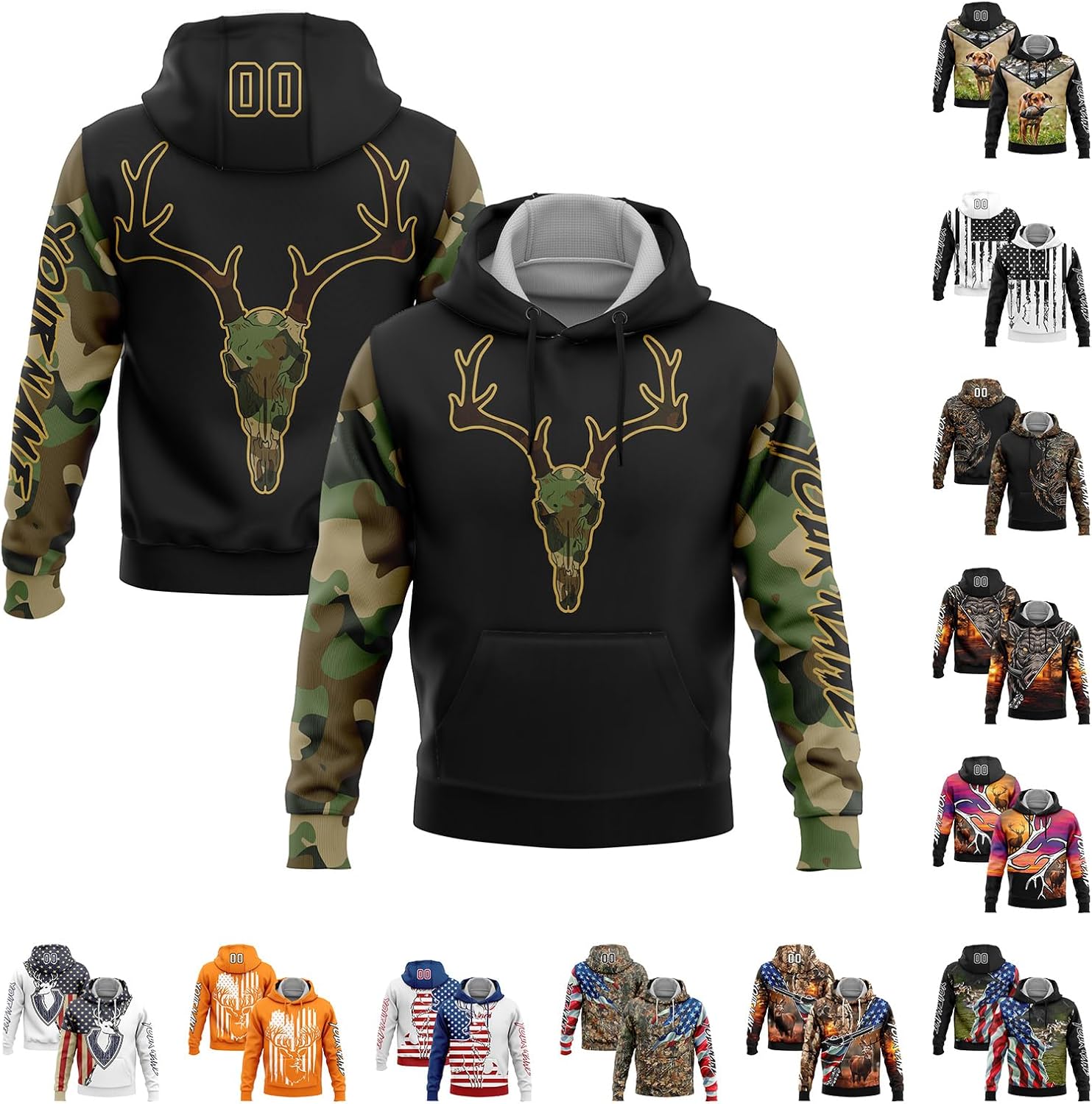 Custom Hunting Hoodie Novelty Camo Animal Graphic Hoodie Outdoor Sports Pullover Sweatshirt for Men/Women/Youth