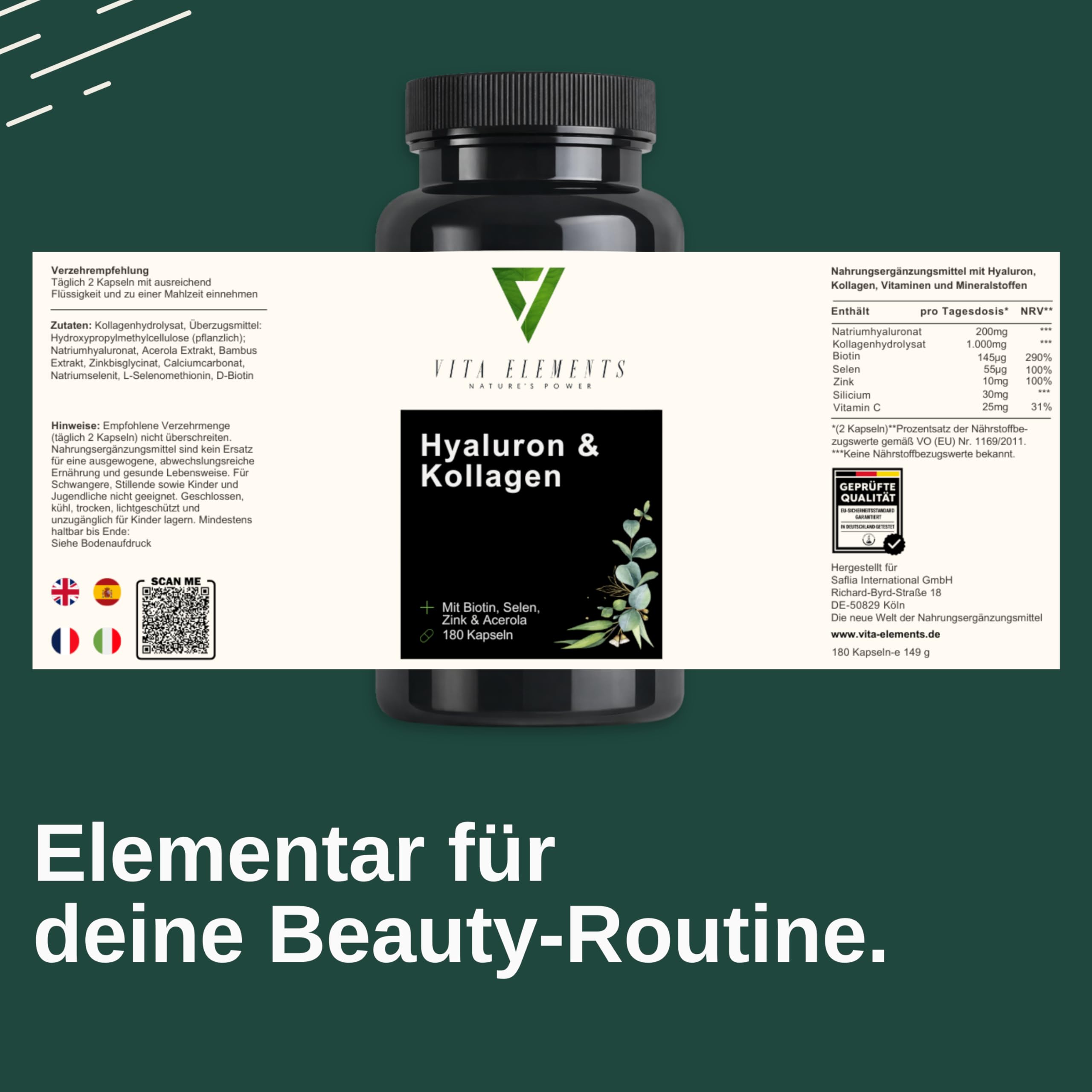 Vita Elements Complejo de Ácido Hialurónico y Colágeno - 180 Cápsulas - Enriquecido con Biotina, Selenio, Zinc, Vitamina C y Extracto de Bambú - Suministro para 3 Meses - Probado en Laboratorio (5)
