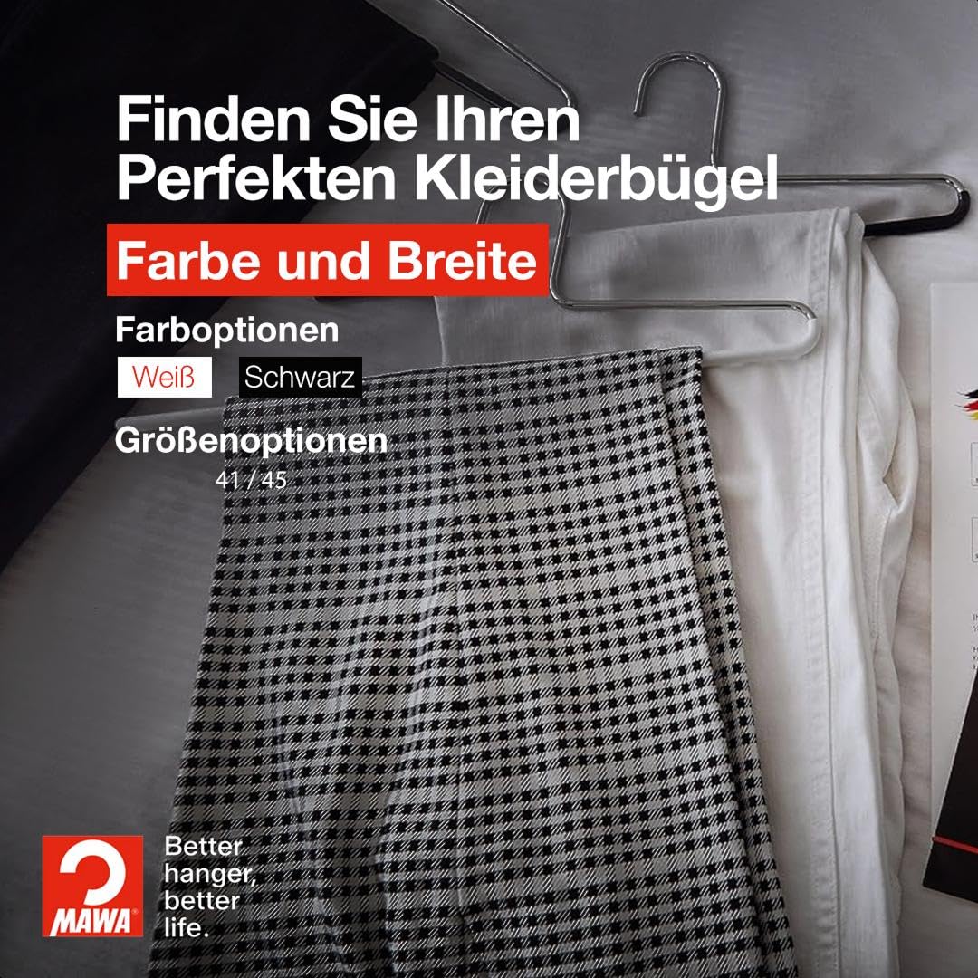 MAWA Kleiderbügel Silhouette FS, Set aus 10 platzsparende und rutschfeste Kleiderbügel mit Hosensteg, ideal für Hemden, Jacken, Hosen & Anzüge, 45 cm, Schwarz
