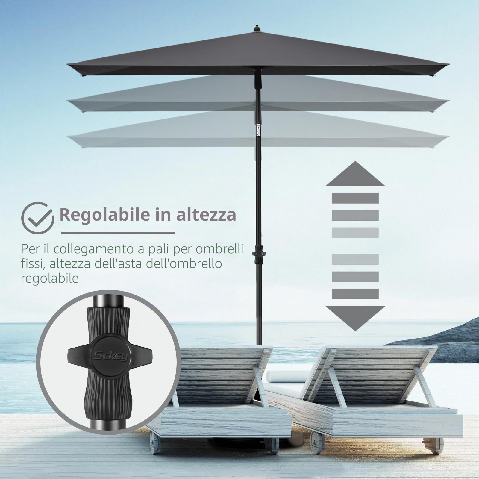 Sekey Ombrellone Parasole, per Giardino, terrazza, Protezione Solare UPF50+, Rettangolare