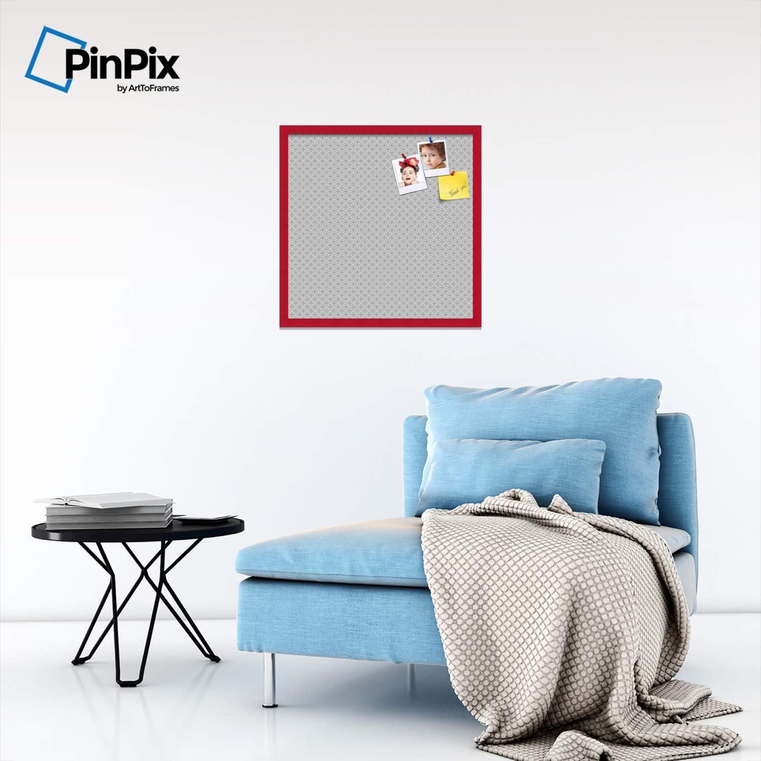 ArtToFrames 24x24 Custom Cork Bulletin Board. This Seamless Circles Black and White Pin Board Has a Fabric Style Canvas Finish, Framed in Red Stain on Beech (PinPix-117-24x24_0066-81792-YRED)