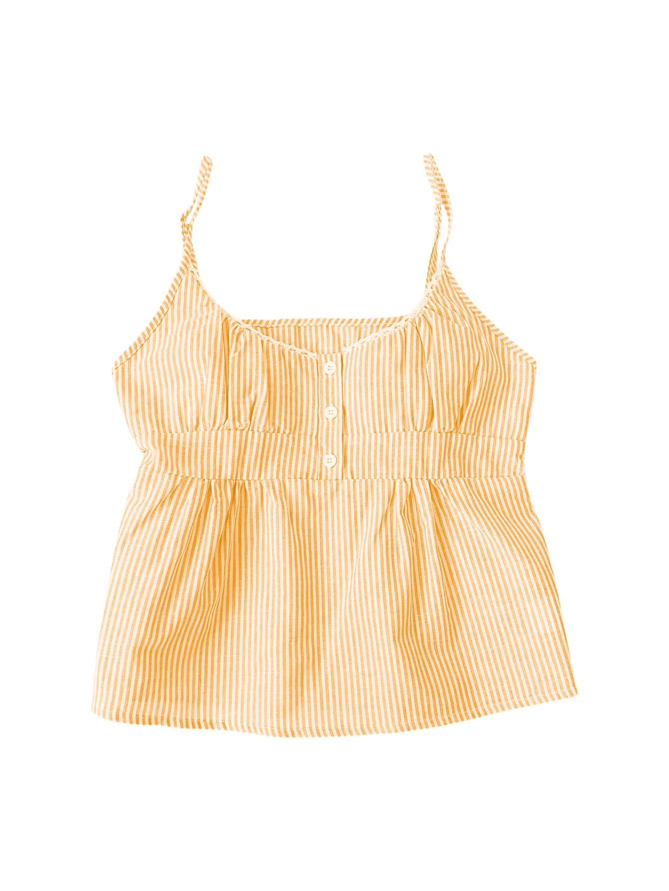 Women's Striped Button Front Flared Camisole Tops Shirred Spaghetti Strap Tank Top