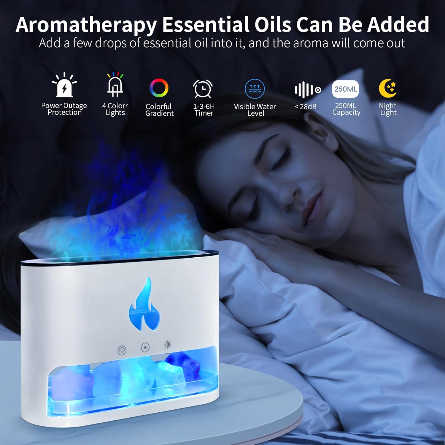 Himalayan Salt Essential Oil Diffuser with Flame Effect 150ML Aromatherapy Water Diffuser, Colorful LED Night Light & Humidifier with Timer, Perfect for Home, Large Room, Auto Shut-Off