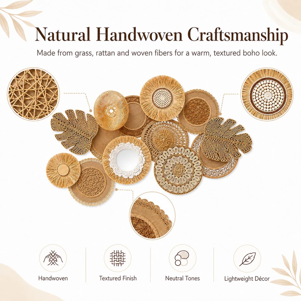 QCMVLGR Set Decoración de Pared Boho con Cestas Tejidas, Ratán Fibra Natural Hecho a Mano, 5 Estilos Combinables, Salón Dormitorio Comedor(B)
