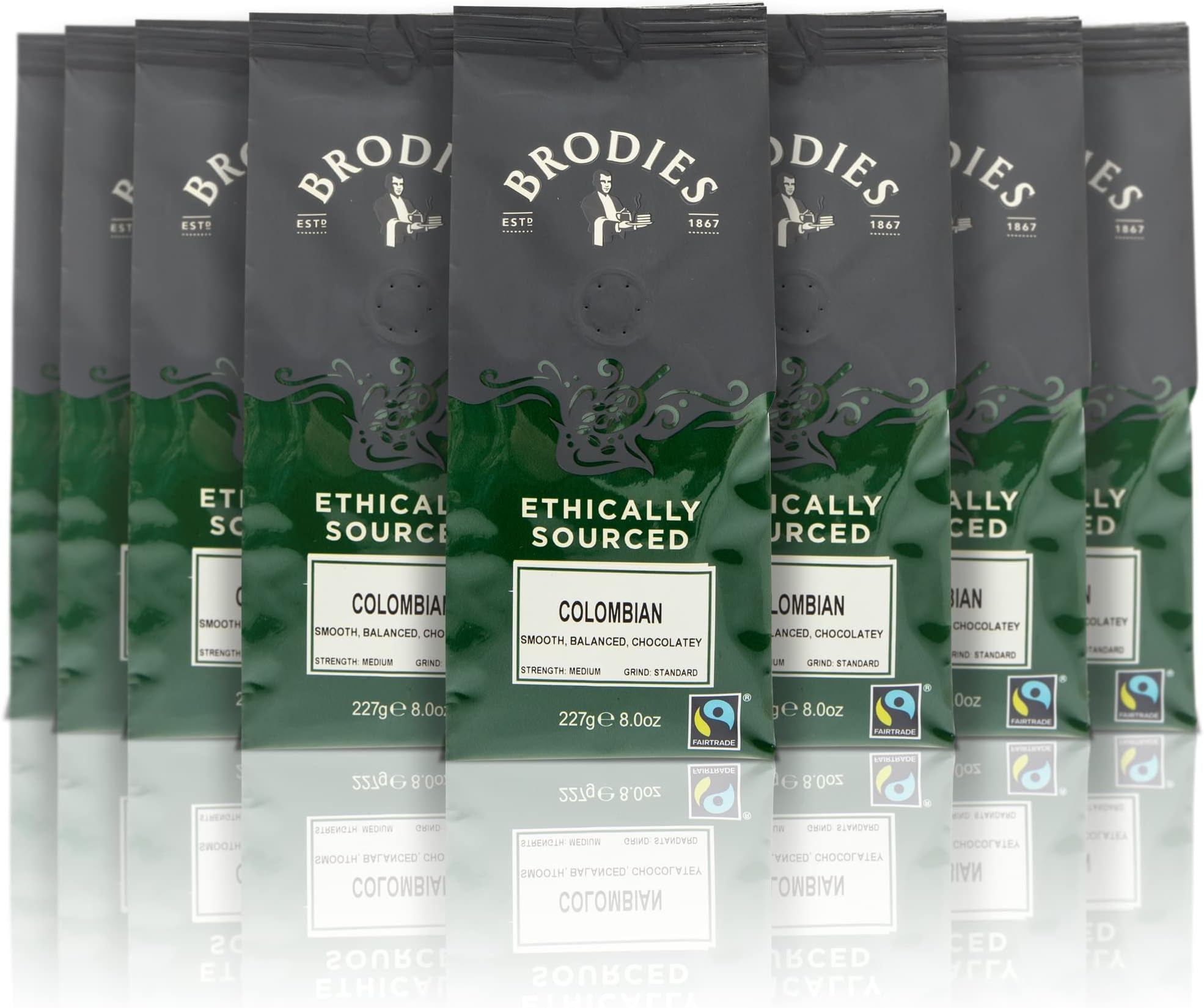 Brodies Ethically Sourced Artisan Ground Coffee - Colombian Fairtrade 100% Arabica smooth, balanced, chocolatey, medium Strength, standard Grind, Hand roasted (8 Pack of 227 g)