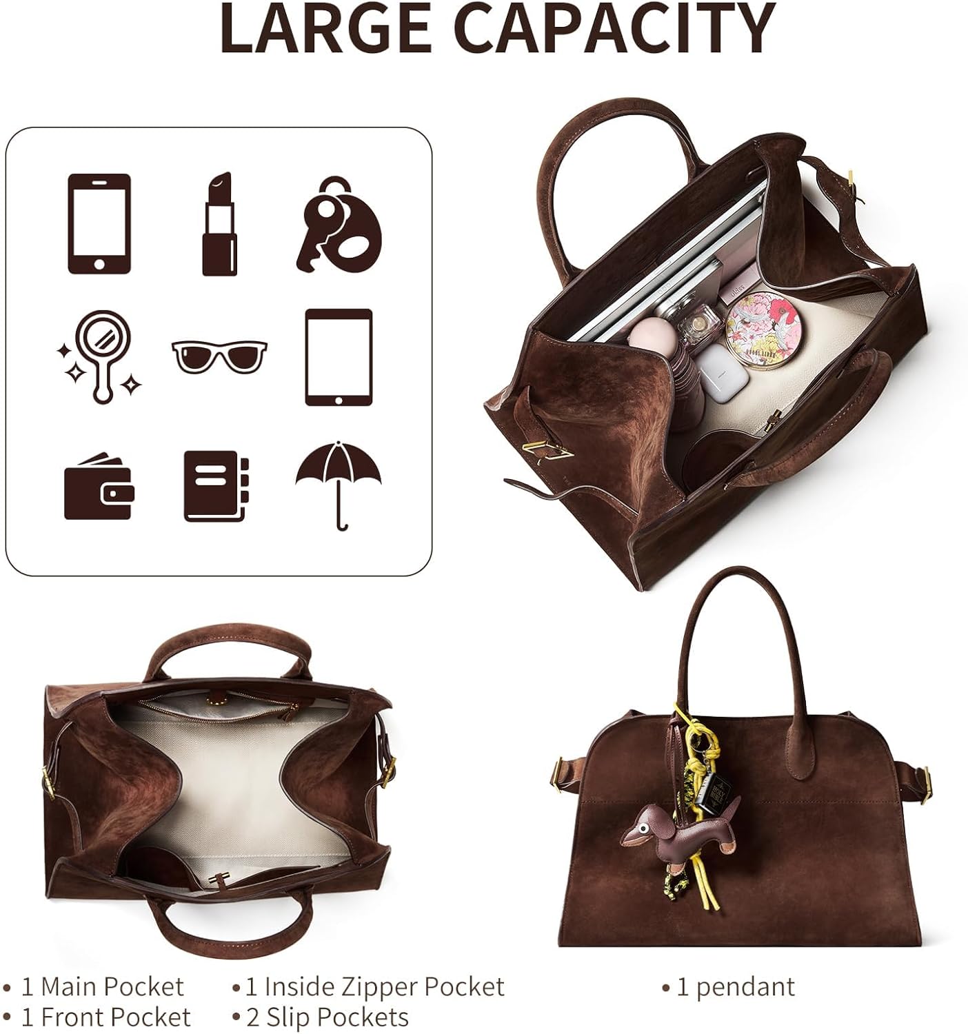 Purely Hand-Sewn Luxury Faux Suede Leather Tote Bag, 15” & 17” HOBO bag for women, Travel Handbag with a Mini Dog - Image 6