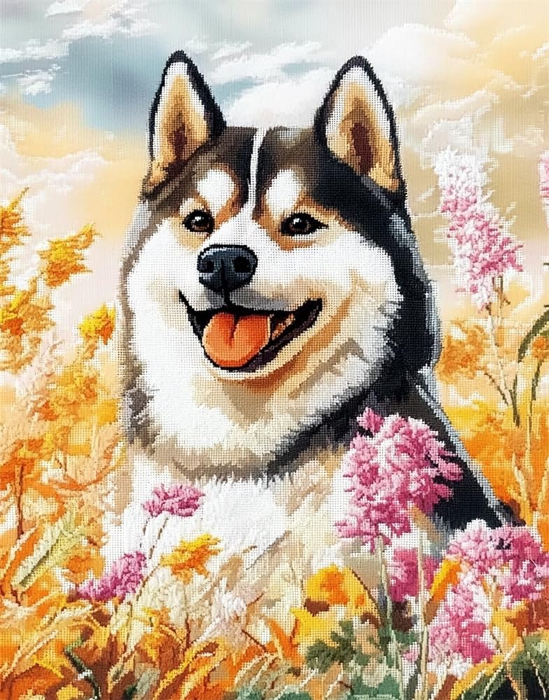 14Ct Cross Stitch, 14 Count Counted Stamped Pre Printed Cross Stitch Akita Dog In The Seaside Embroidery Kits For Adults Beginners Starter Advanced Easy Crossstitch Patterns Set 15.7X19.7Inc