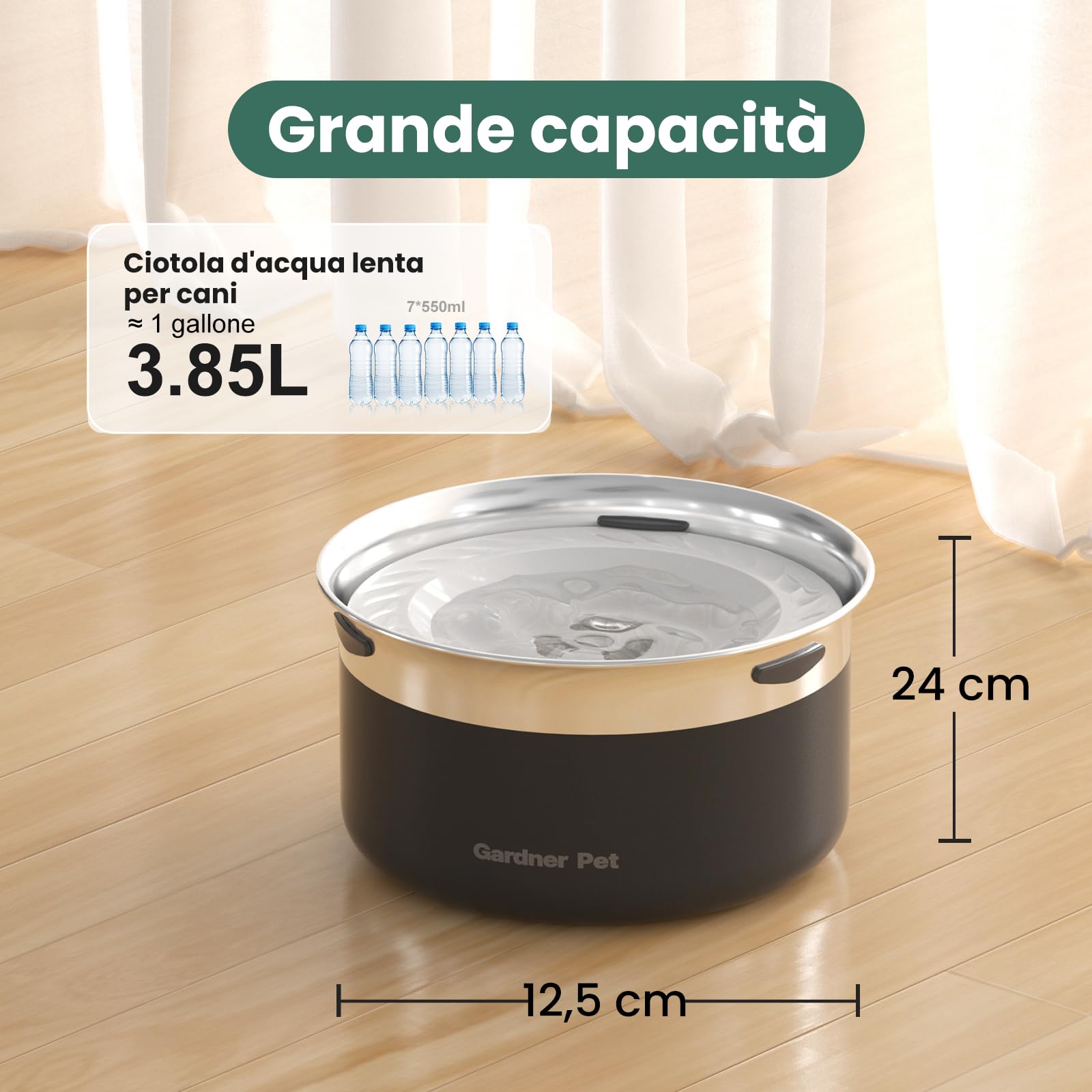 Gardner Pet Ciotola Acqua Cane Antigoccia, 3,85L Ciotola per Cani in Acciaio Inox a Prova di Fuoriuscite, Anti-Ingoio per Cani di Taglia Grande, Adatta per Interno ed Esterno, Previene Gocce, Nero