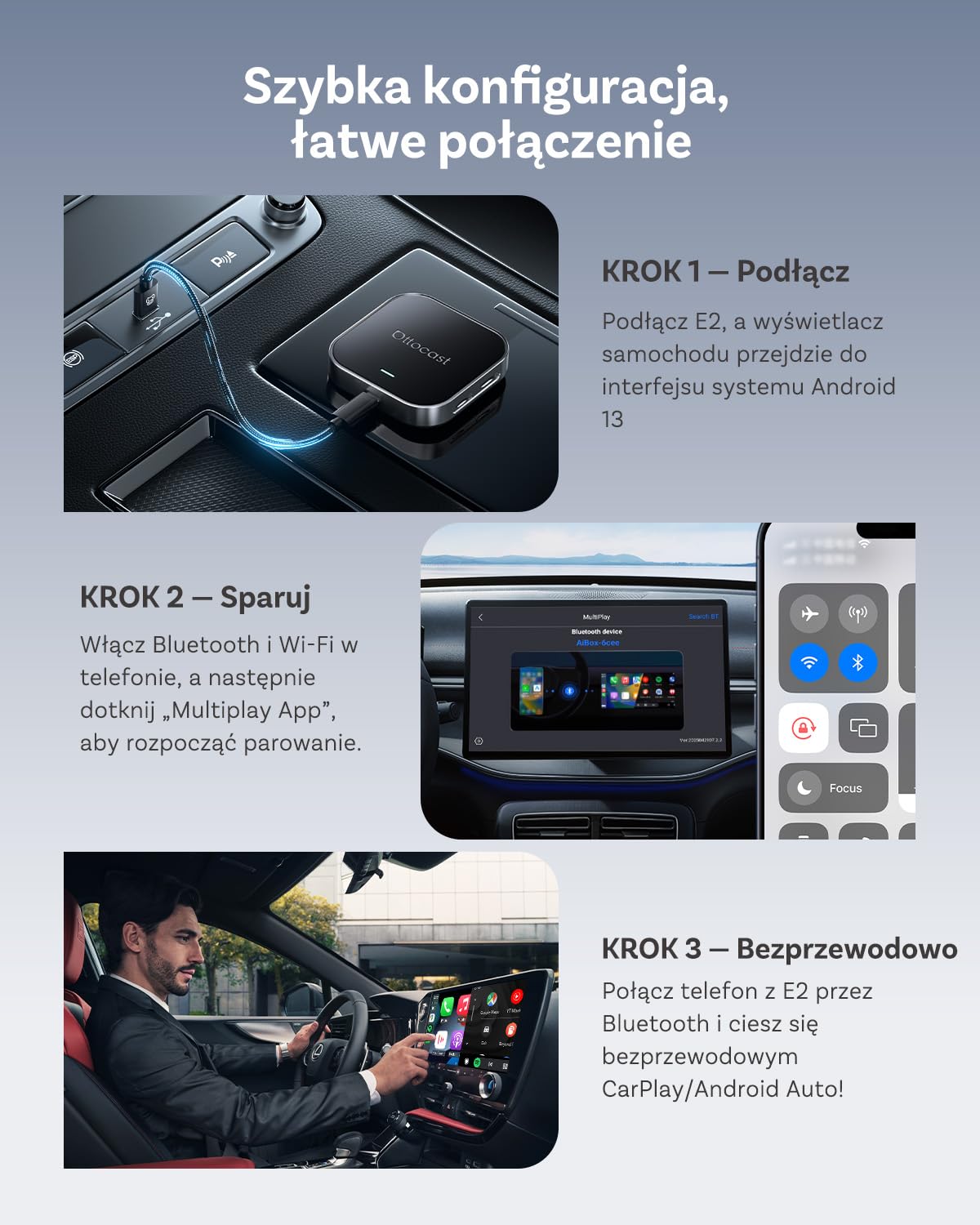 OTTOCAST E2 AI Box, 2026 Ulepszona 3-w-1 Bezprzewodowy Adapter CarPlay i Android Auto, Android 13 Multimedialny Samochodowy z Netflix YouTube, Obsługą WiFi i Karty SIM 4G, 4+64 GB, Aktualizacja OTA