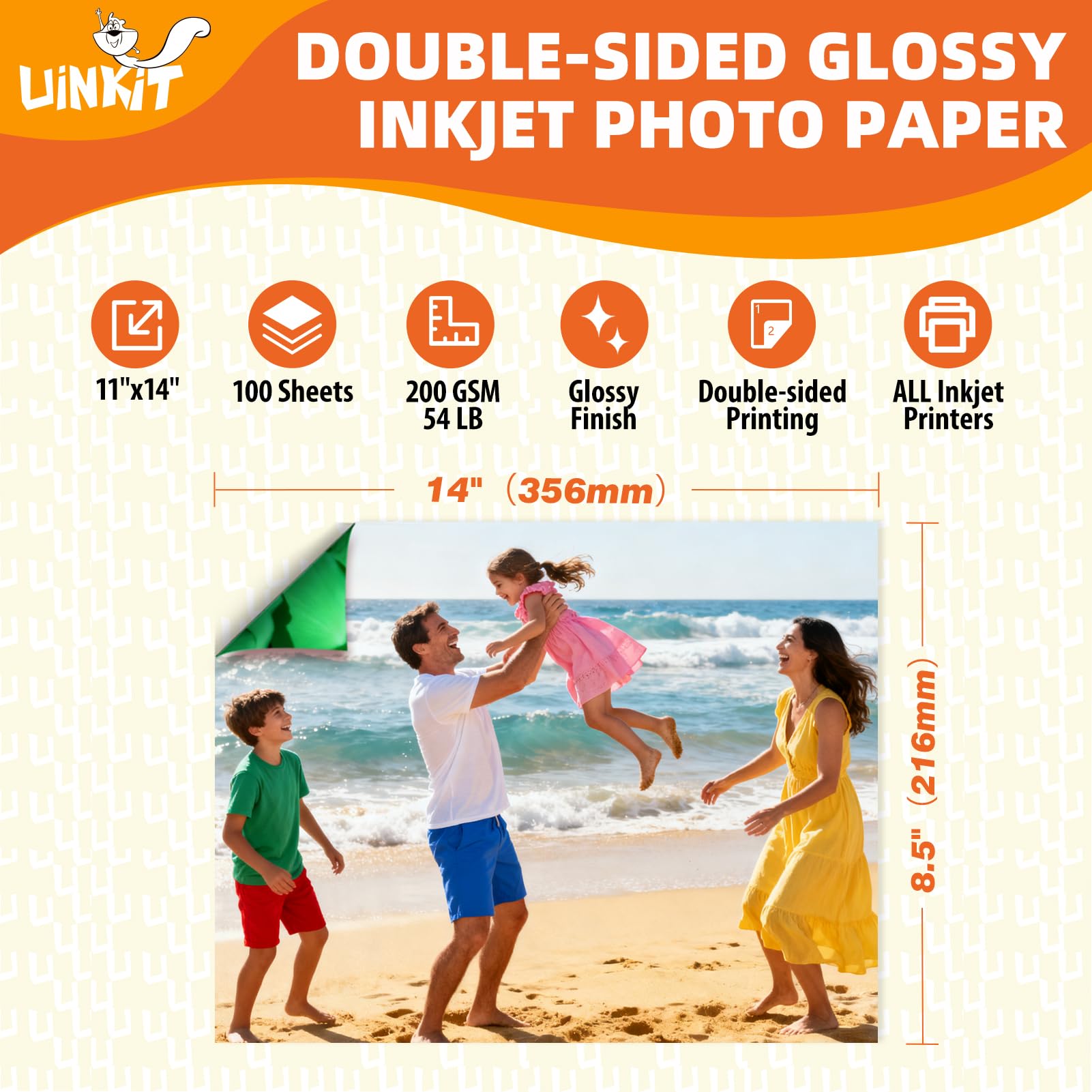 Uinkit 100 fogli di carta fotografica lucida double face, 27,9 x 35,6 cm, 24,5 kg per inchiostro colorato, 200 g/m², 27,9 x 35,6 cm, per stampanti a getto d'inchiostro