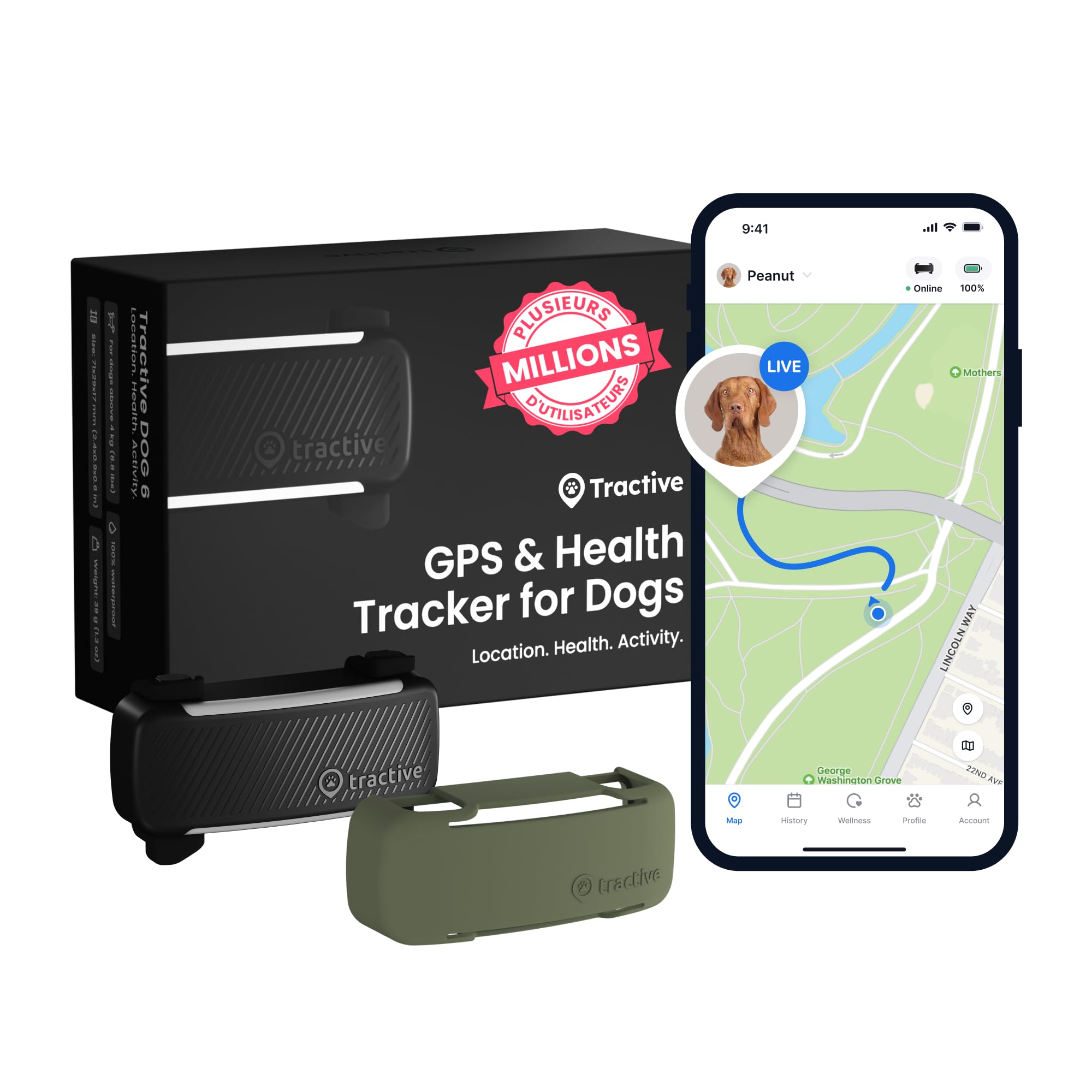 Tractive – Obroża GPS dla psa, zestaw z etui w kolorze oliwkowym | Edycja 2025 | Lokalizacja GPS na żywo | Alerty przeciwbieżne i zdrowotne | Monitorowanie wskaźników życiowych | Lider rynku (Czarny)