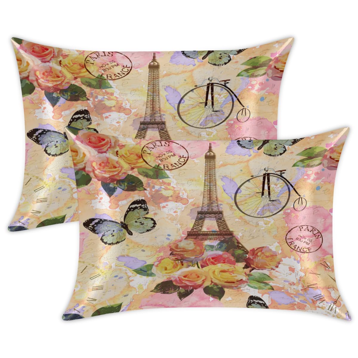 Paris Travel - Federe in raso vintage per capelli e pelle, confezione da 2, federa con chiusura a busta, super morbide, anti-pieghe, antimacchia, 50,8 x 101,6 cm