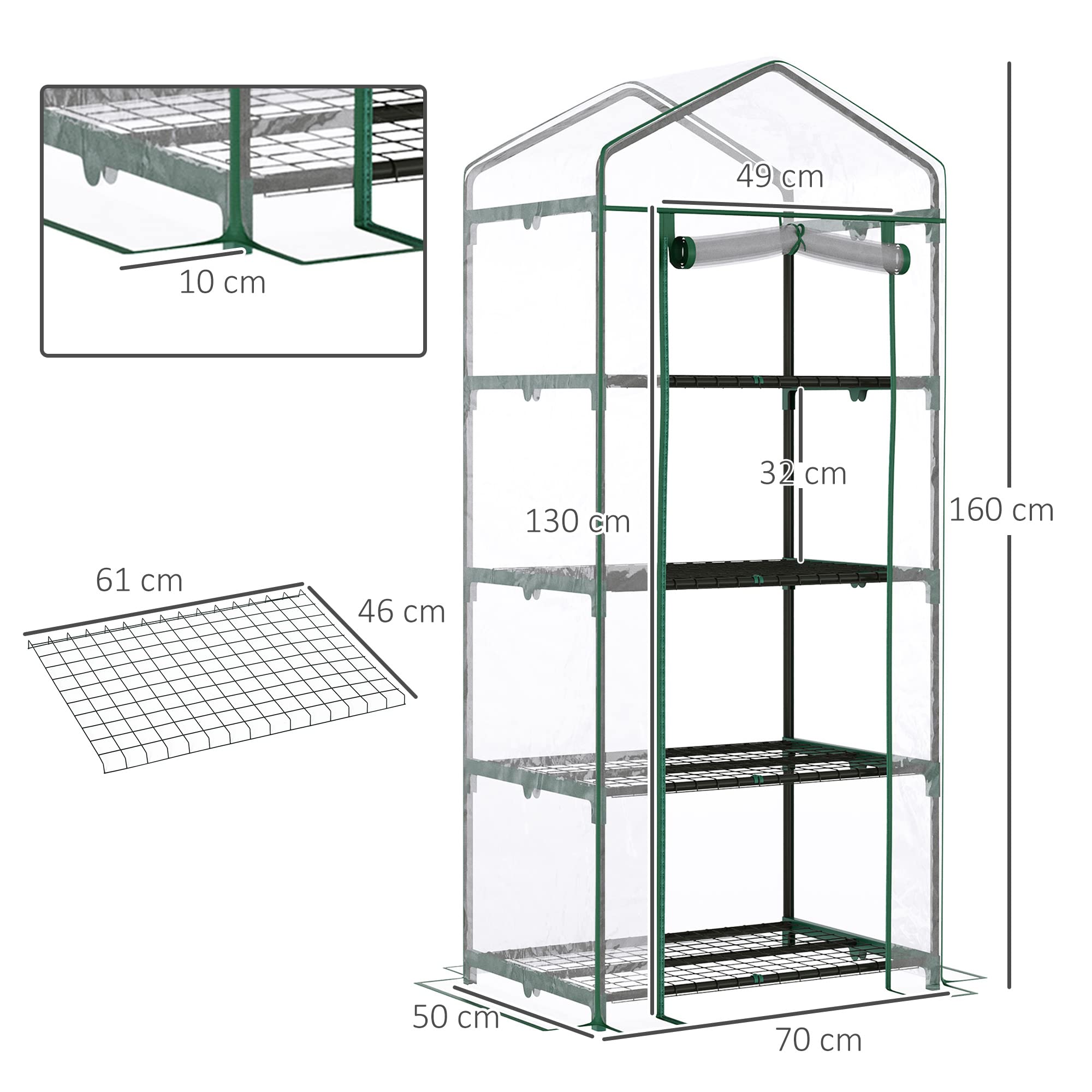 Outsunny Serra da Balcone Compatta con 4 Ripiani per Piante, Serra da Giardino con Copertura in PVC Trasparente, 70x50x160cm