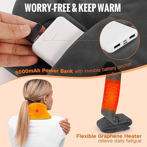 Miniatura 4 de Almohadilla térmica para el cuello para aliviar el dolor, envoltura térmica con banco de energía de 5000 mAh, soporte térmico inalámbrico para el