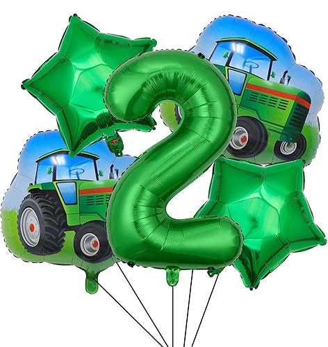 5 globos de aluminio de tractor verde para tractor número 2, globos de aluminio de Mylar para decoración de fiesta de segundo cumpleaños